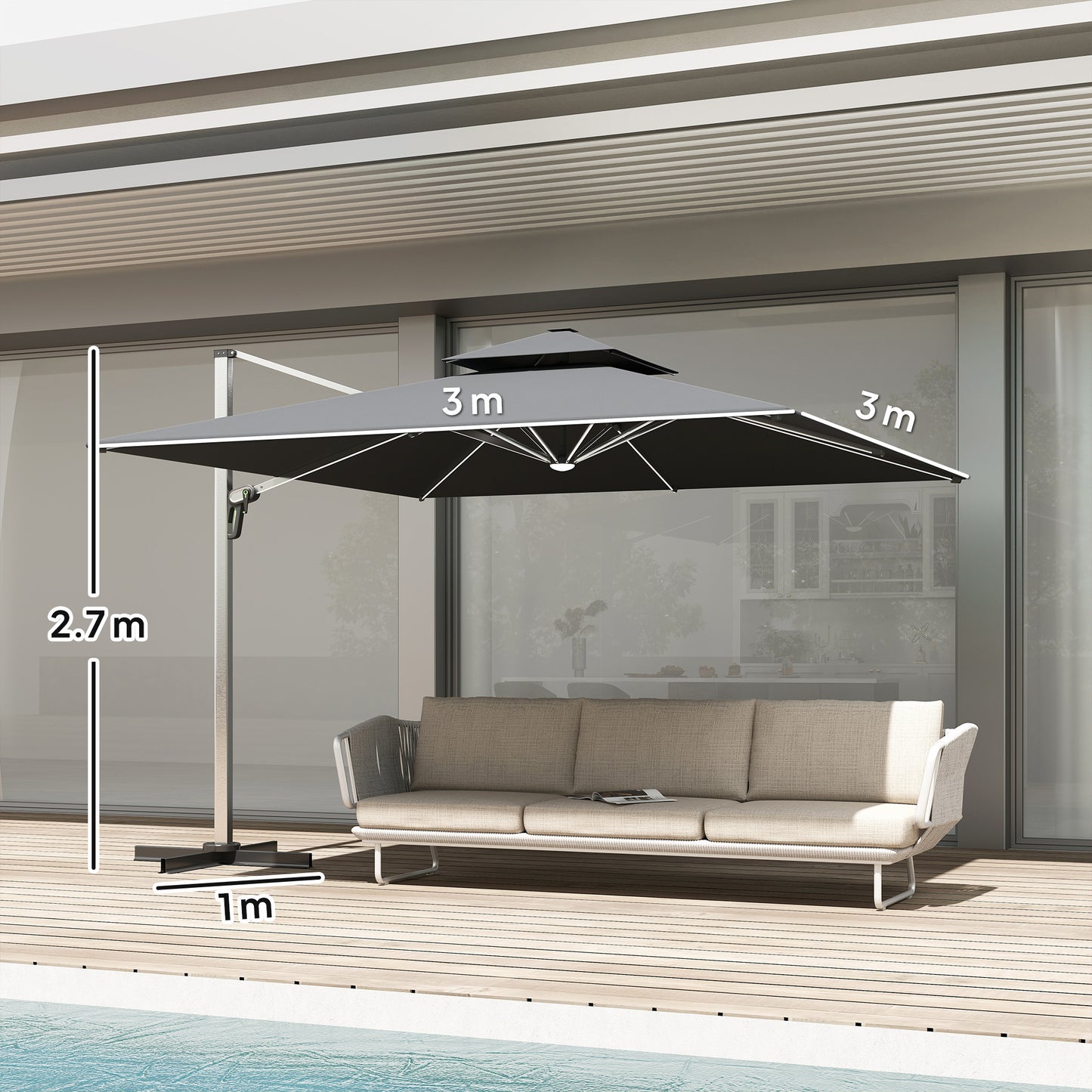 Outsunny 3m Garden Cantilever Parasol With Cross Base And Solar LED Lights 360 Degree Rotation Crank Tilt Grey