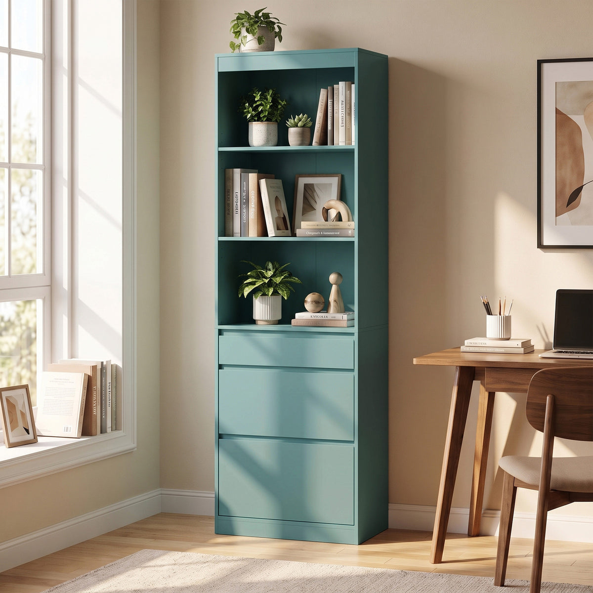 Light green narrow bookcase with open shelves and three front drawers