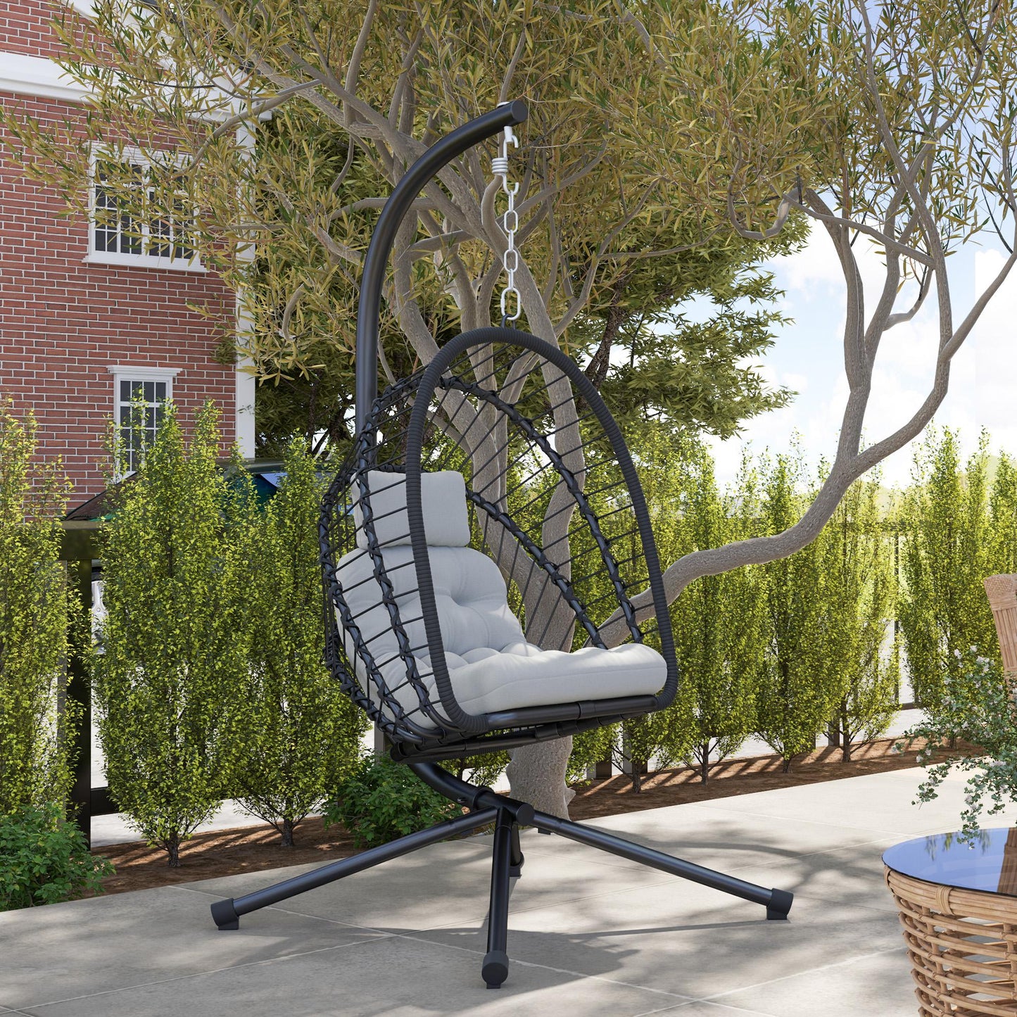 Outsunny Outdoor PE Rattan Egg Chair With Metal Stand Headrest Garden Patio Cushion And Foldable Basket Black
