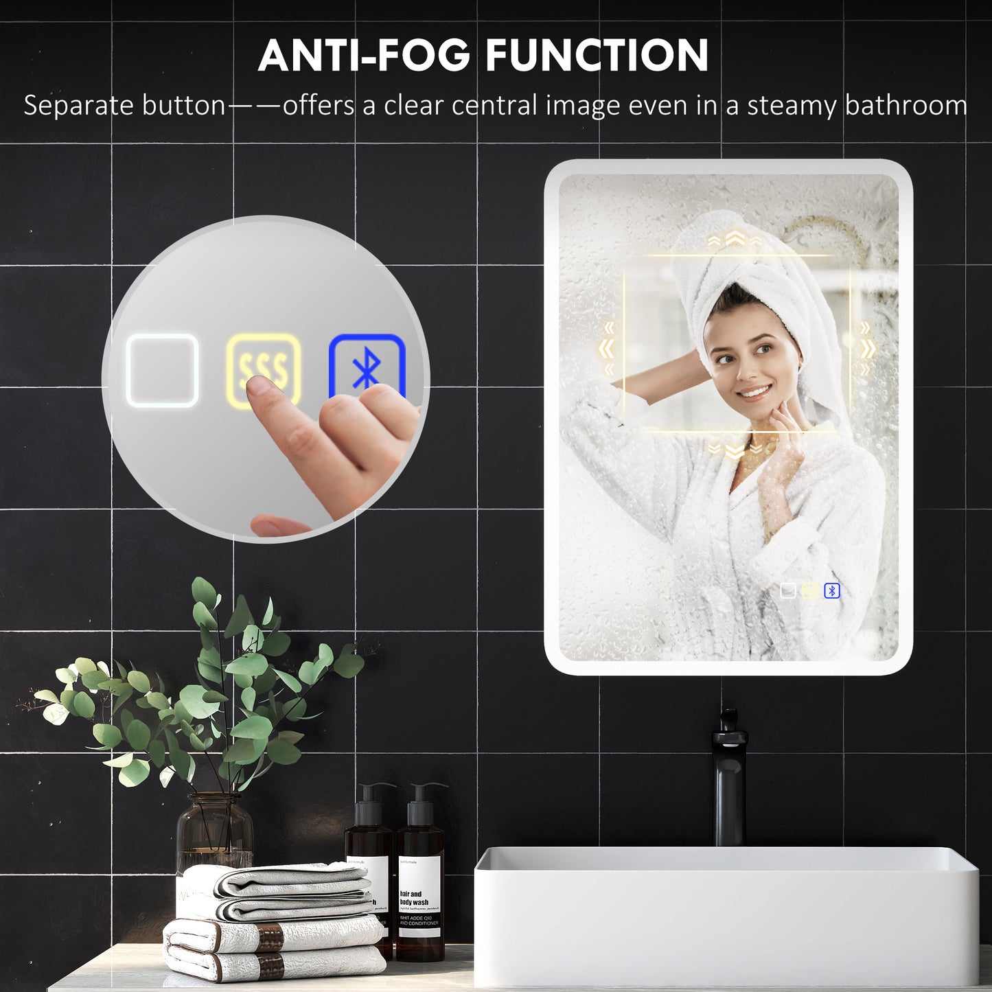 HOMCOM 70 x 50cm LED Bathroom Mirror With Bluetooth Demister Pad Adjustable Brightness Silver Tone