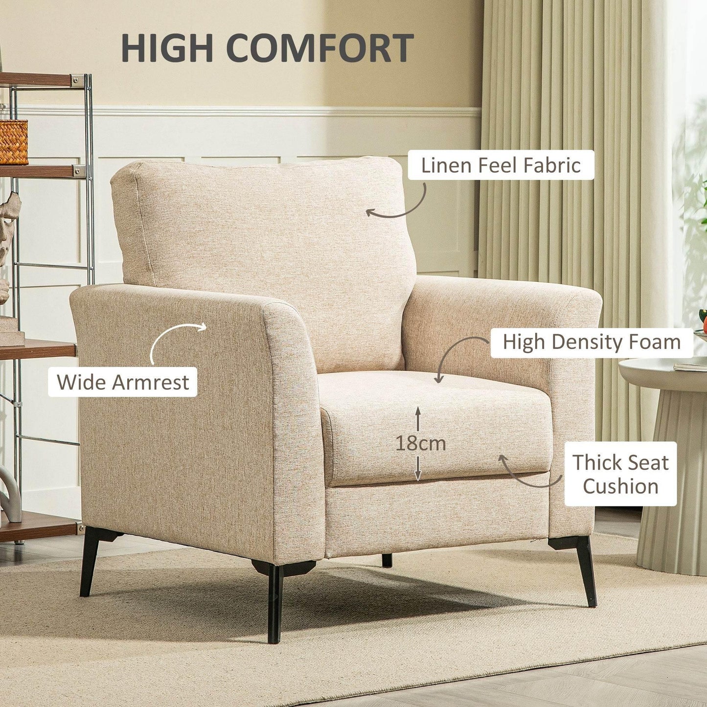HOMCOM Chic Linen Upholstered Accent Chair with Metal Legs and Padded Cushion for Living Room or Office, Beige - ALL4U RETAILER LTD
