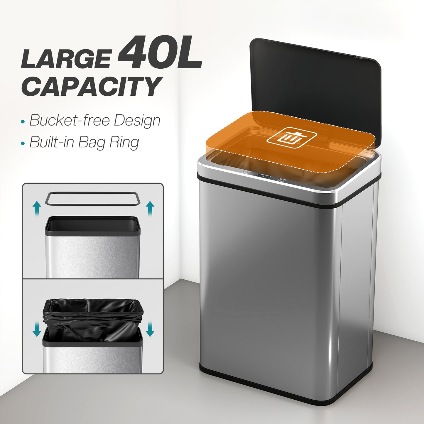 HOMCOM 40L Sensor Bin With Soft Close Lid Touchless Motion Sensor Kitchen Trash Can Fingerprint Resistant Silver Tone