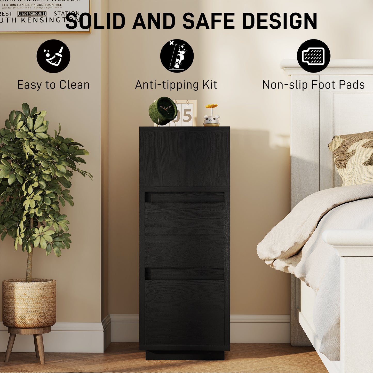 HOMCOM Slim Bedside Table Narrow Bedside Cabinet With Open Shelf And Two Drawers For Bedroom And Living Room Black