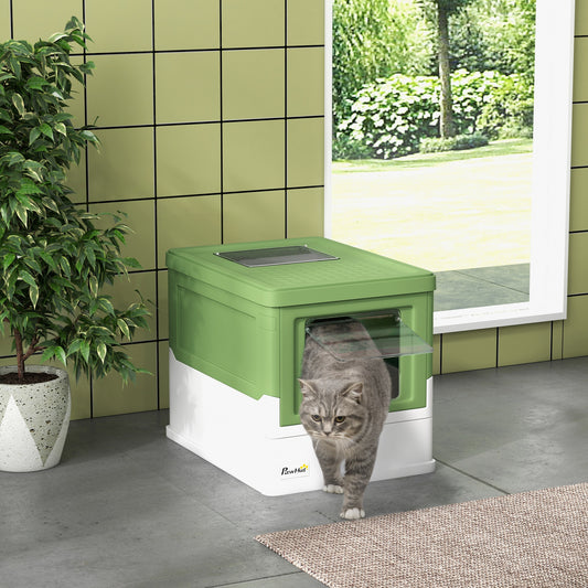 PawHut Enclosed Cat Litter Box with Front Entry, Portable Pet Toilet & Scoop - Lime Green - ALL4U RETAILER LTD