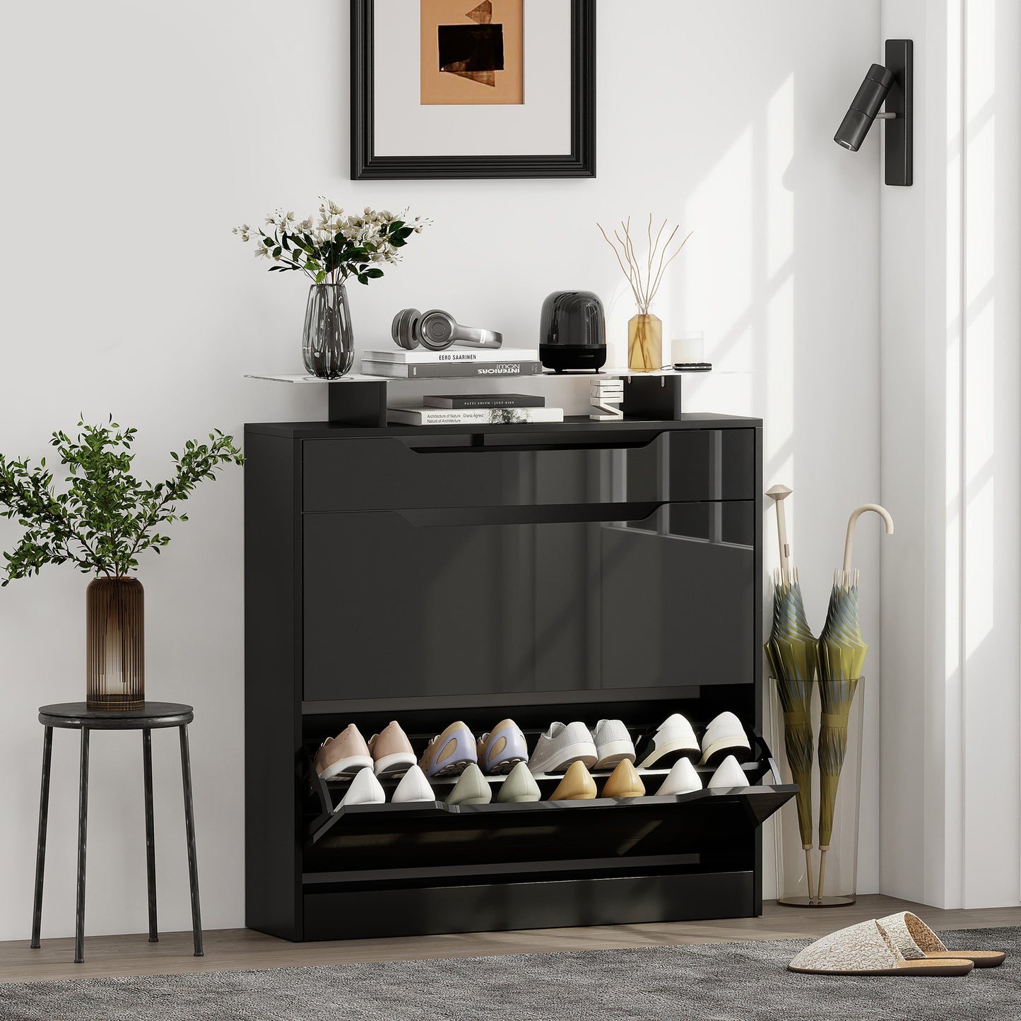 HOMCOM Narrow Shoe Storage Cabinet With Slide Out Drawer And Two Flip Doors Tempered Glass Top Black