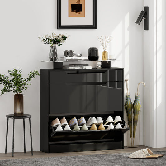 HOMCOM Narrow Shoe Storage Cabinet With Slide Out Drawer And Two Flip Doors Tempered Glass Top Black
