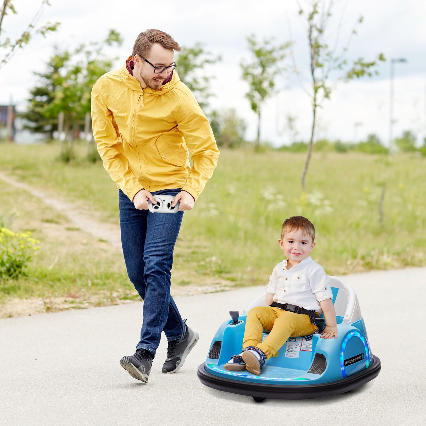 AIYAPLAY Light Blue 360° Rotating Kids Bumper Car with Remote Control, Joysticks, Music & LED Lights