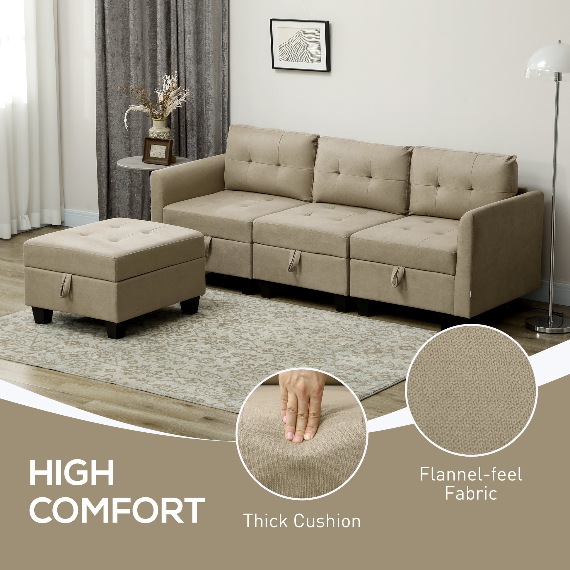 Versatile Light Brown Modular Sectional Sofa with Storage and Ottoman - 3 Seater L-Shaped Couch by HOMCOM - ALL4U RETAILER LTD