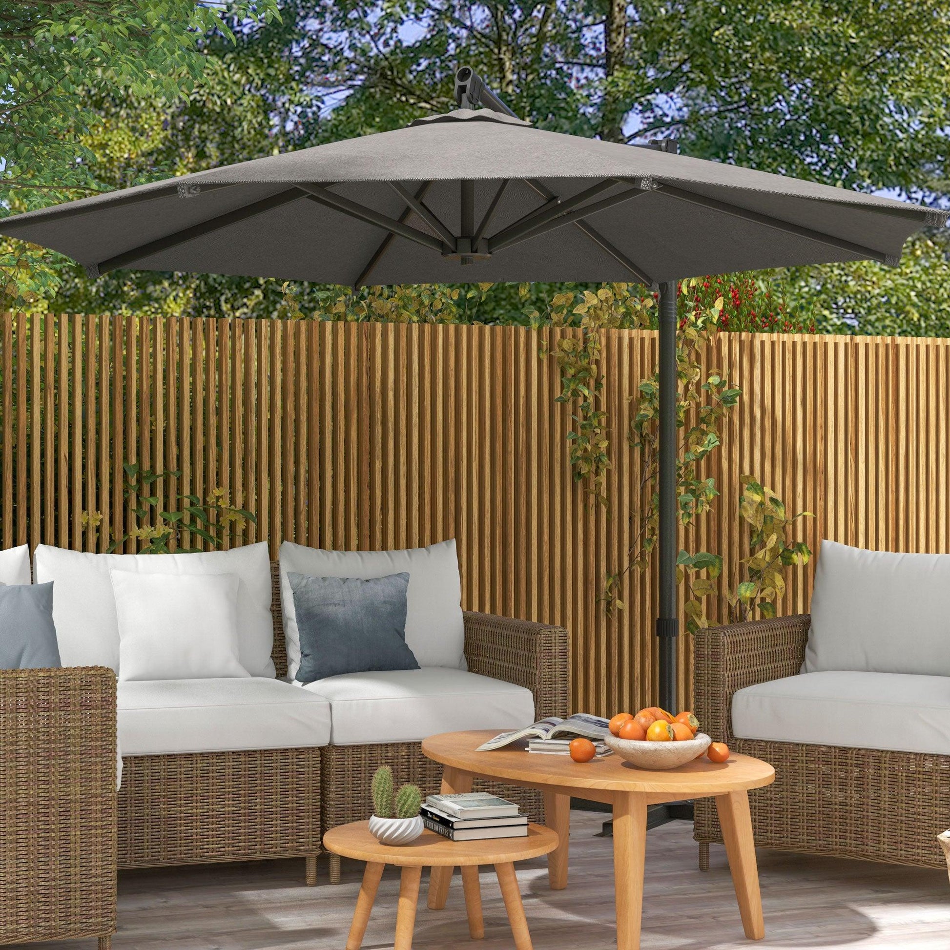 Outsunny 3 m Cantilever Banana Parasol with Cross Base, 360Â° Rotation Patio Umbrella with Crank Handle, Tilt, Dark Grey - ALL4U RETAILER LTD