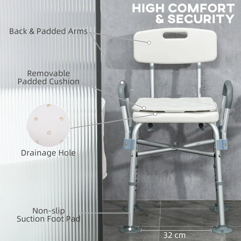 HOMCOM Aluminium Shower Chair with Backs and Arms, Height Adjustable Seat, Removable Padded Cushion, for Seniors, Disabled, Pregnant - White - ALL4U RETAILER LTD