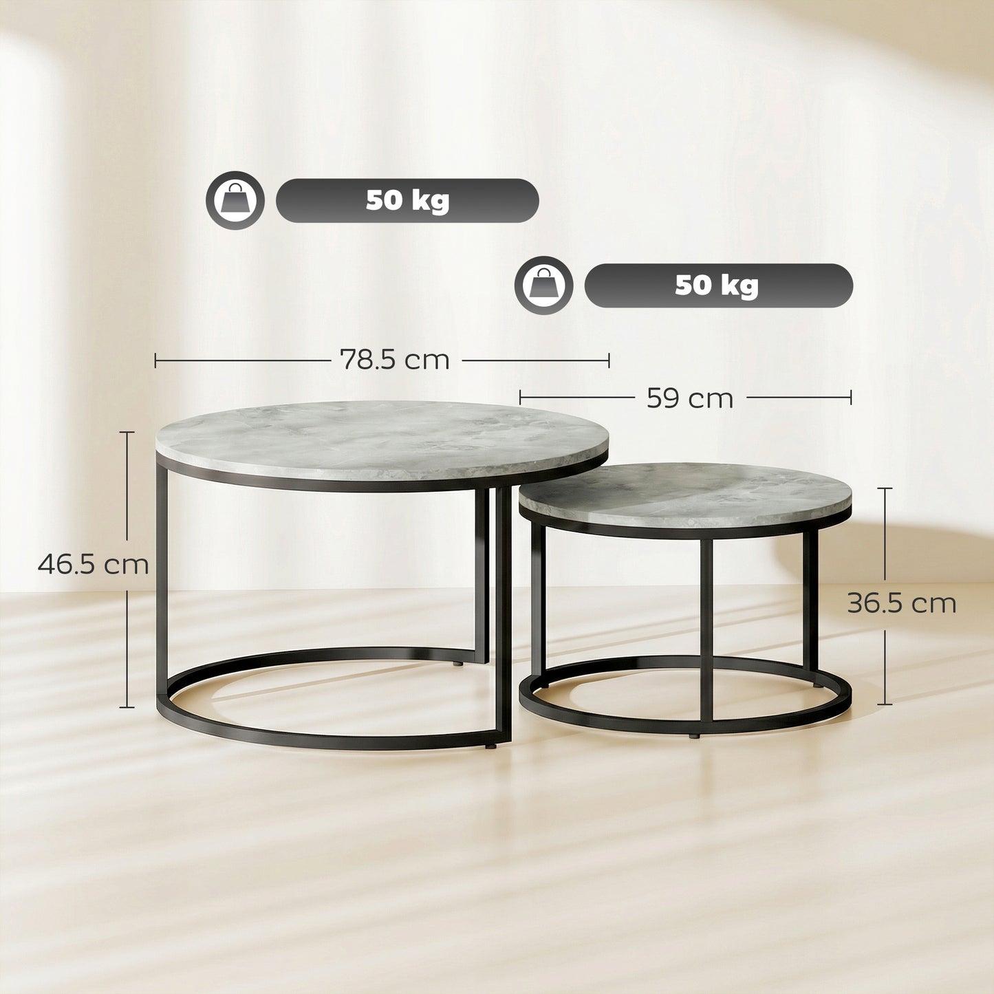 HOMCOM Marble Effect Stacking Tables Set Of Two Grey Nesting Tables For Living Room