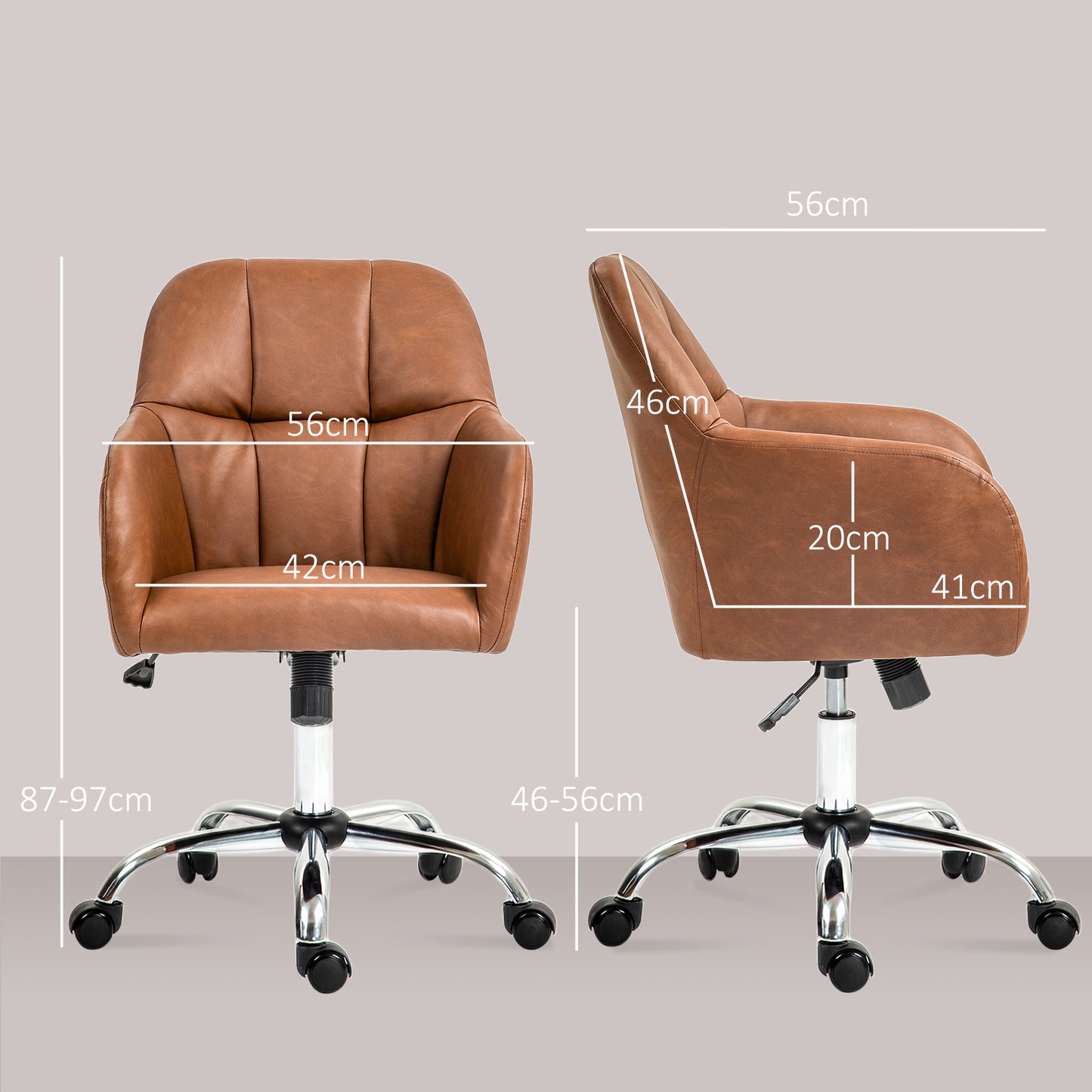 Vinsetto Elegant Brown PU Leather Swivel Office Chair with Adjustable Height and Wheels, Ideal for Home Study and Makeup Vanity