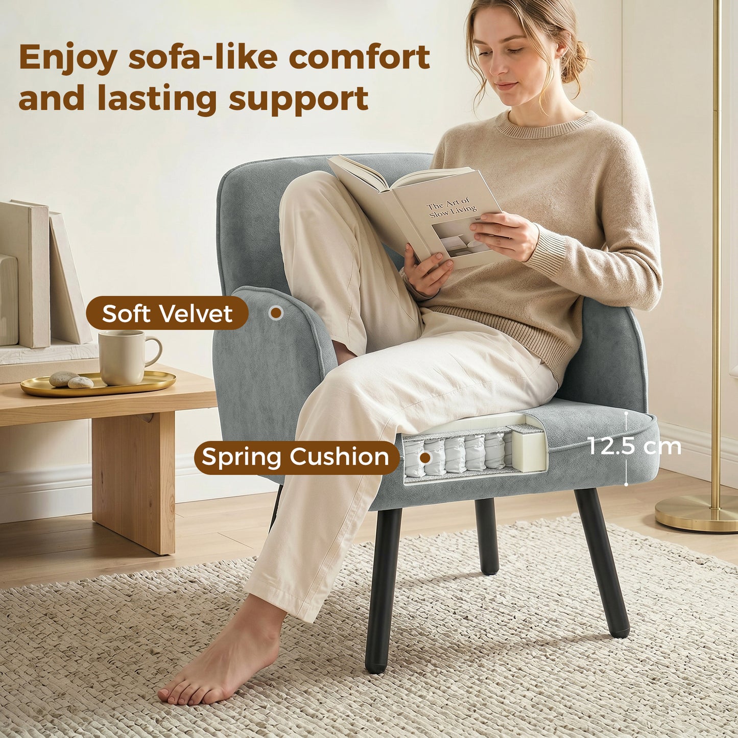 HOMCOM Velvet Upholstered Lounge Chair Armchair With Spring Cushion For Living Room Bedroom Grey