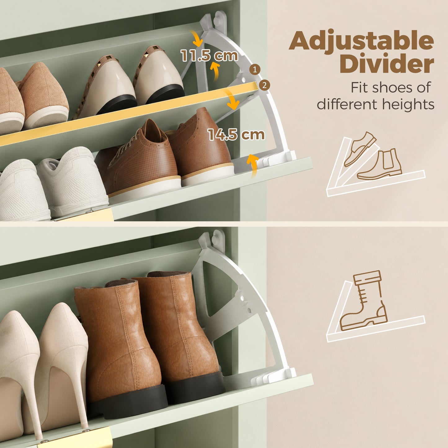 HOMCOM Narrow Boho Shoe Cabinet With 2 Flip Drawers Holds 14 Pairs In Light Green Finish