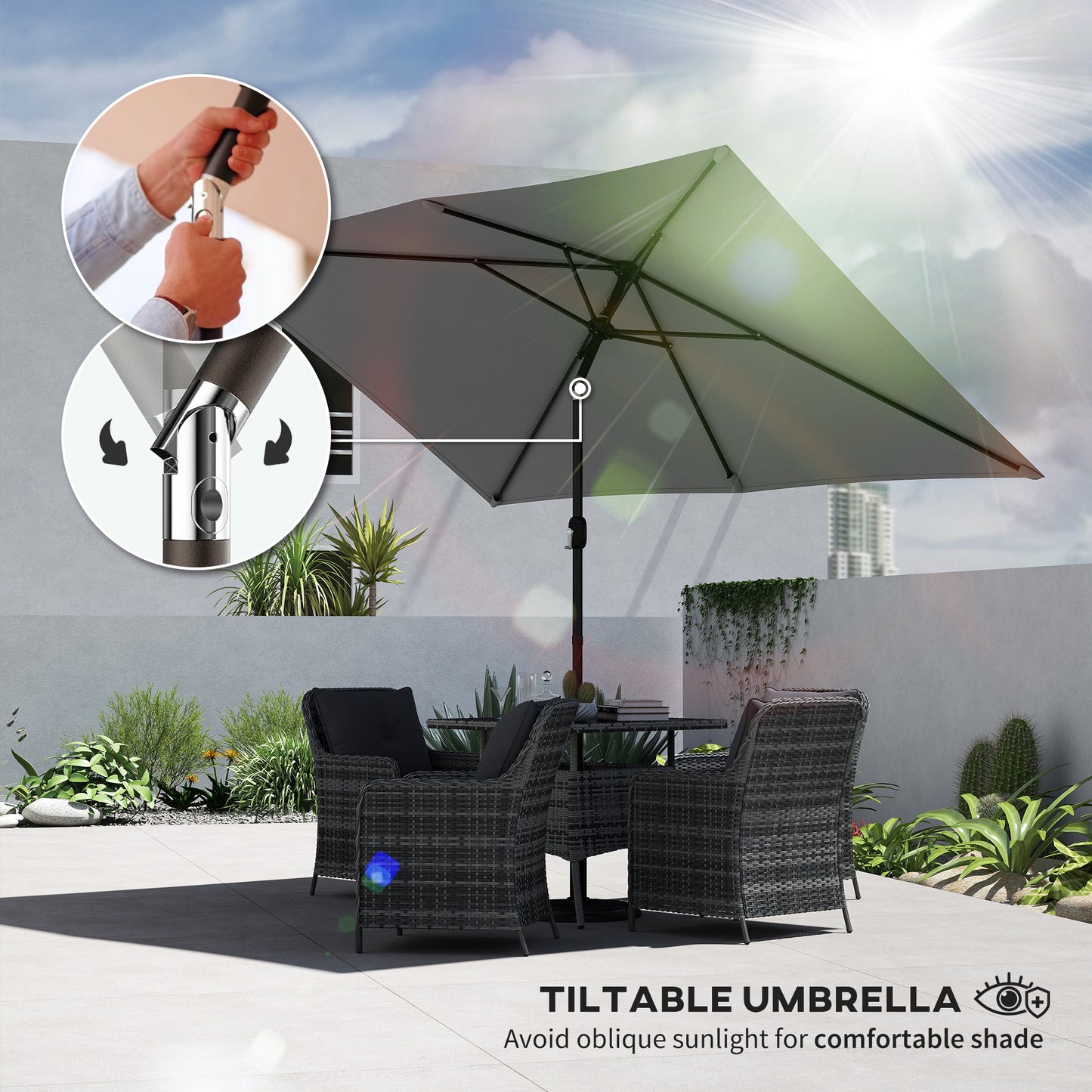 Outsunny Garden Parasol Umbrella With Crank Handle And Tilt Function 180G Polyester Canopy Light Grey
