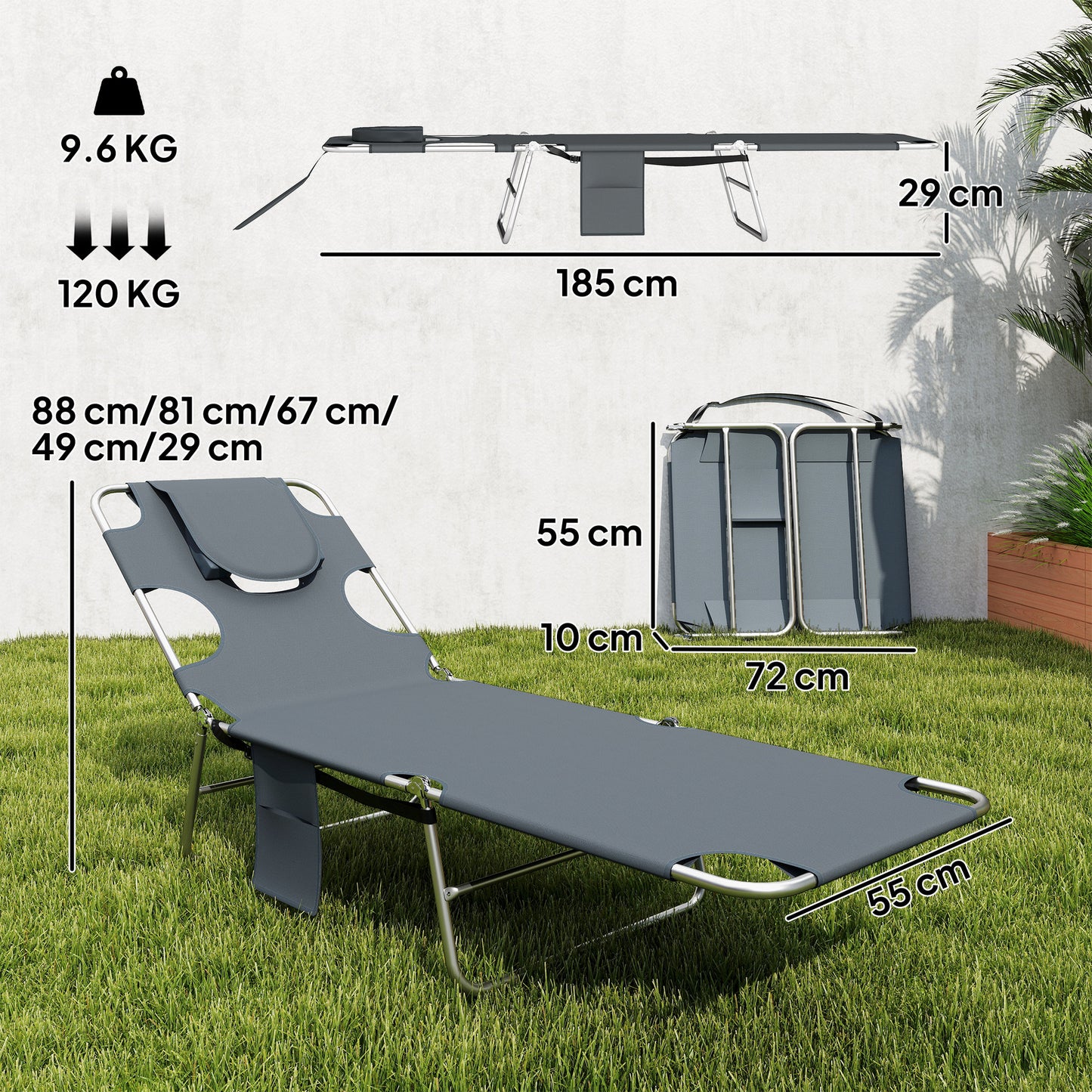 Outsunny Five Position Adjustable Sun Loungers Set Of Two With Reading Hole And Side Pocket Dark Grey