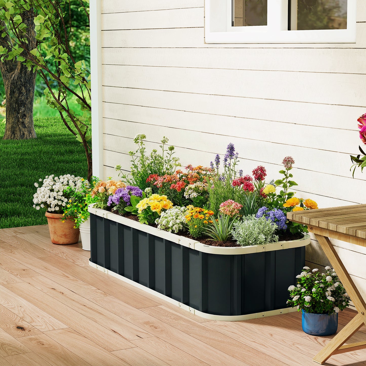 Outsunny Galvanised Raised Garden Bed Steel Planter Open Bottom Design With Folded Edges And Gloves Dark Grey