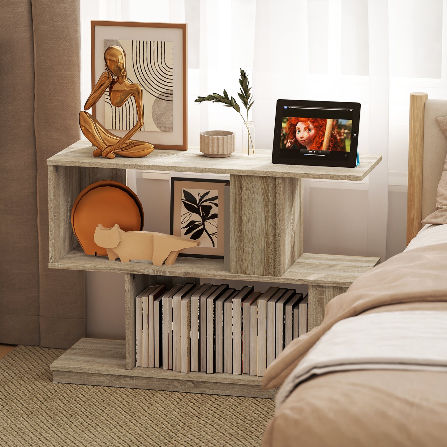 HOMCOM S Shaped Side Table Natural Wood Finish With Storage Compartments For Small Spaces