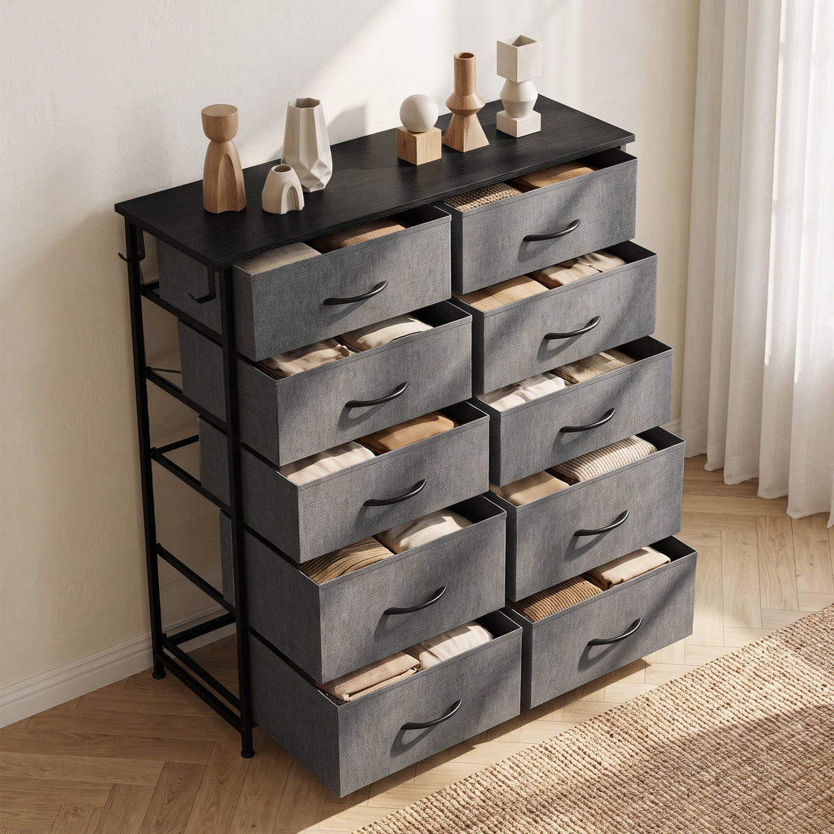 HOMCOM 10 Drawer Fabric Dresser with Steel Frame, 4 Side Pockets and 2 Hooks