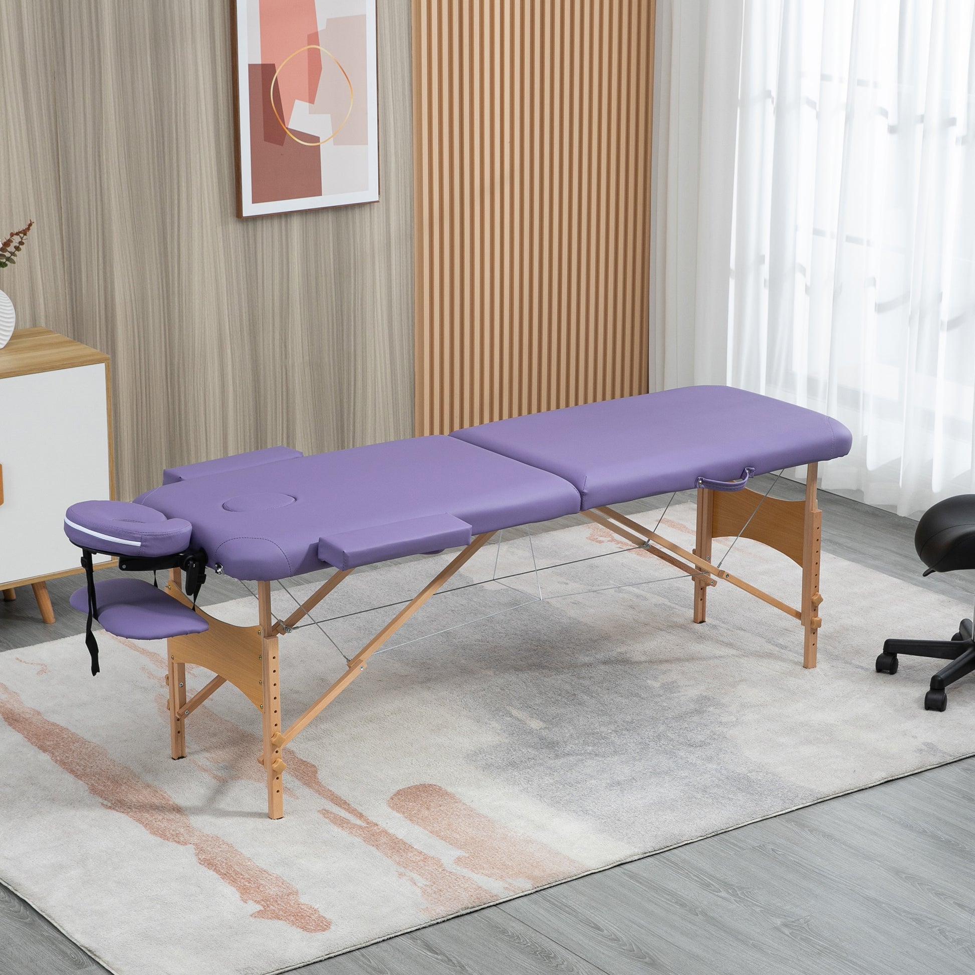 HOMCOM Adjustable Folding Massage Table with Carry Bag, 2-Section Spa Bed, Wooden Frame, Purple - ALL4U RETAILER LTD