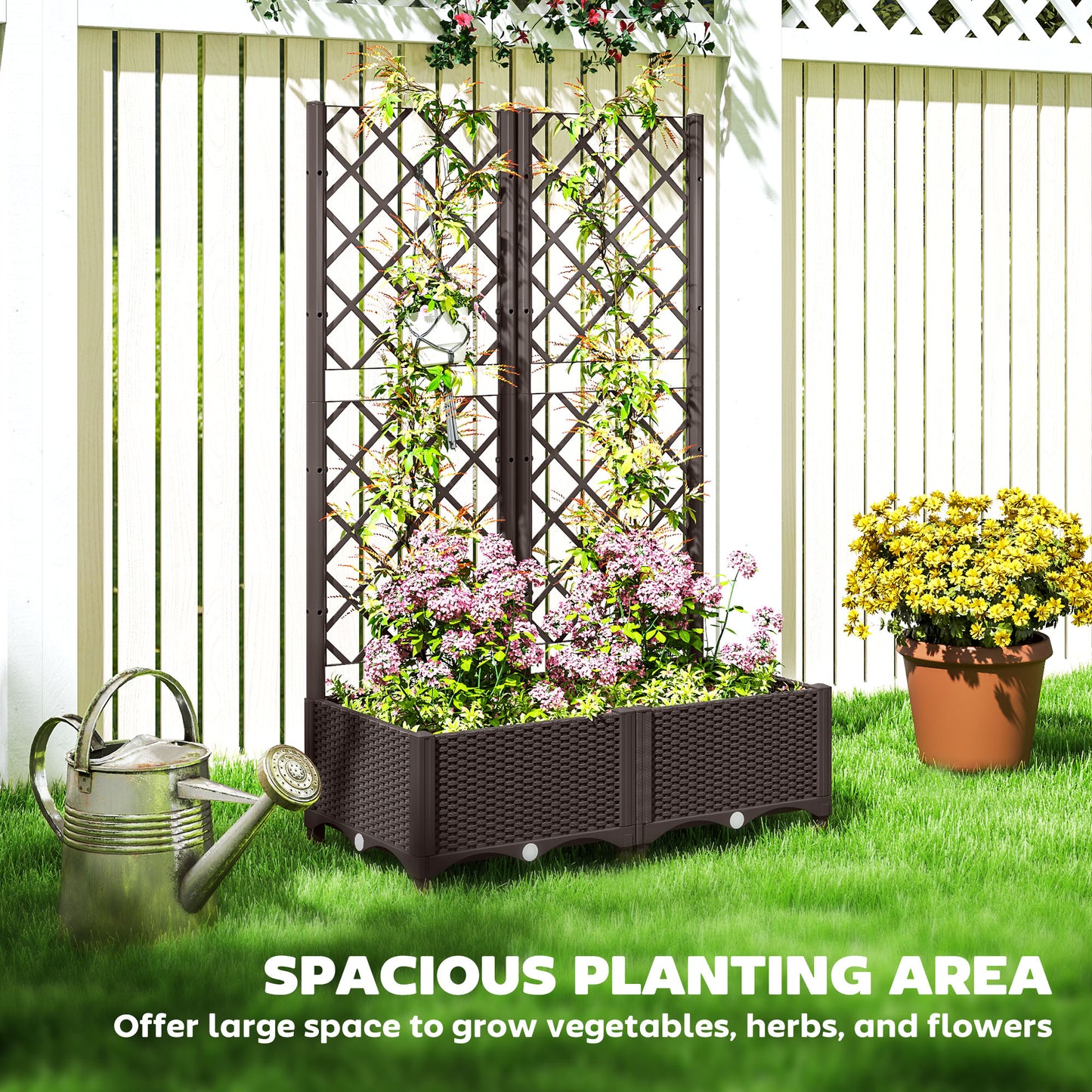 Outsunny Raised Garden Bed With Trellis Plastic Planter Box For Climbing Plants Vegetables And Flowers With Drainage