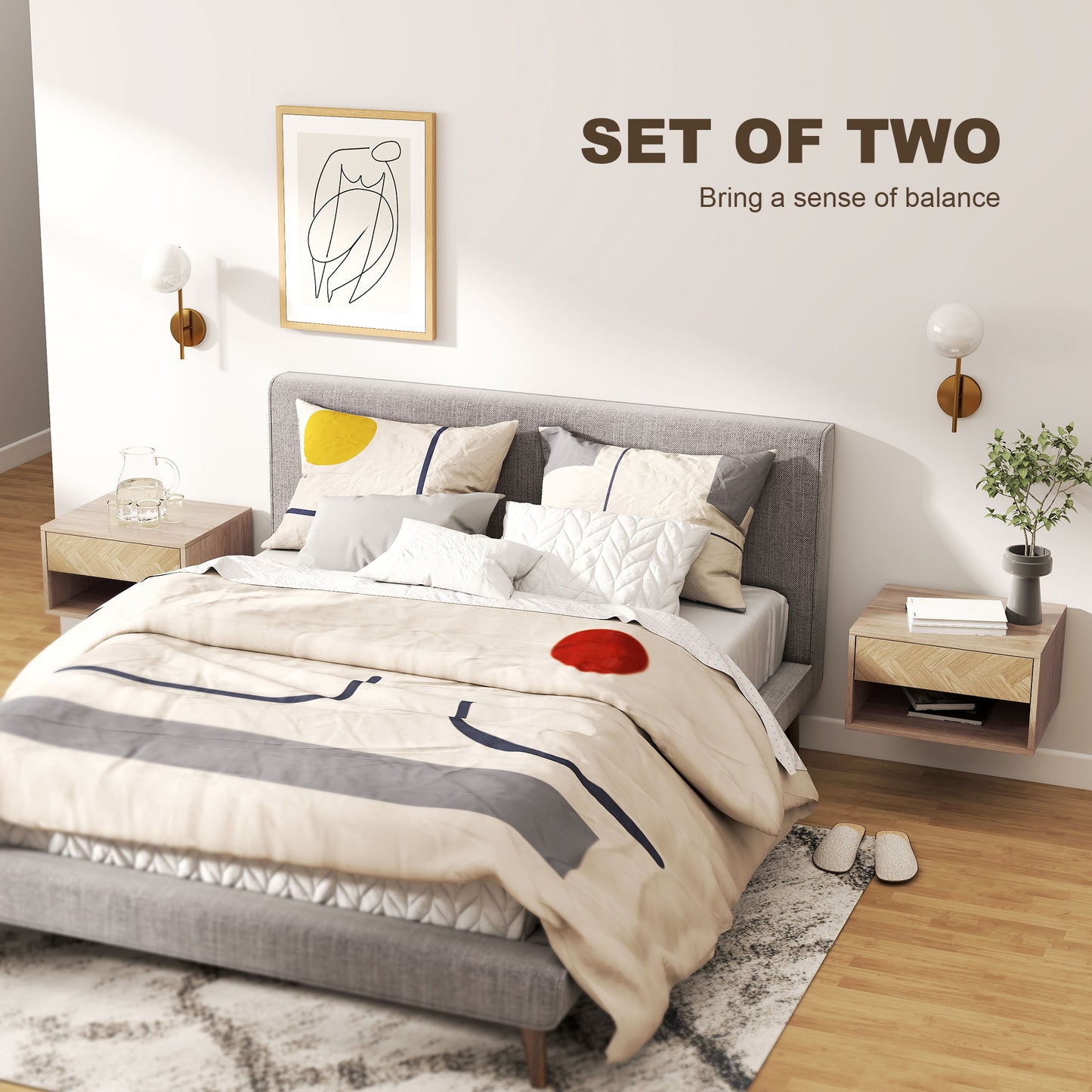 HOMCOM Floating Bedside Tables Set of Two in Natural Wood Finish with Drawer and Open Shelf