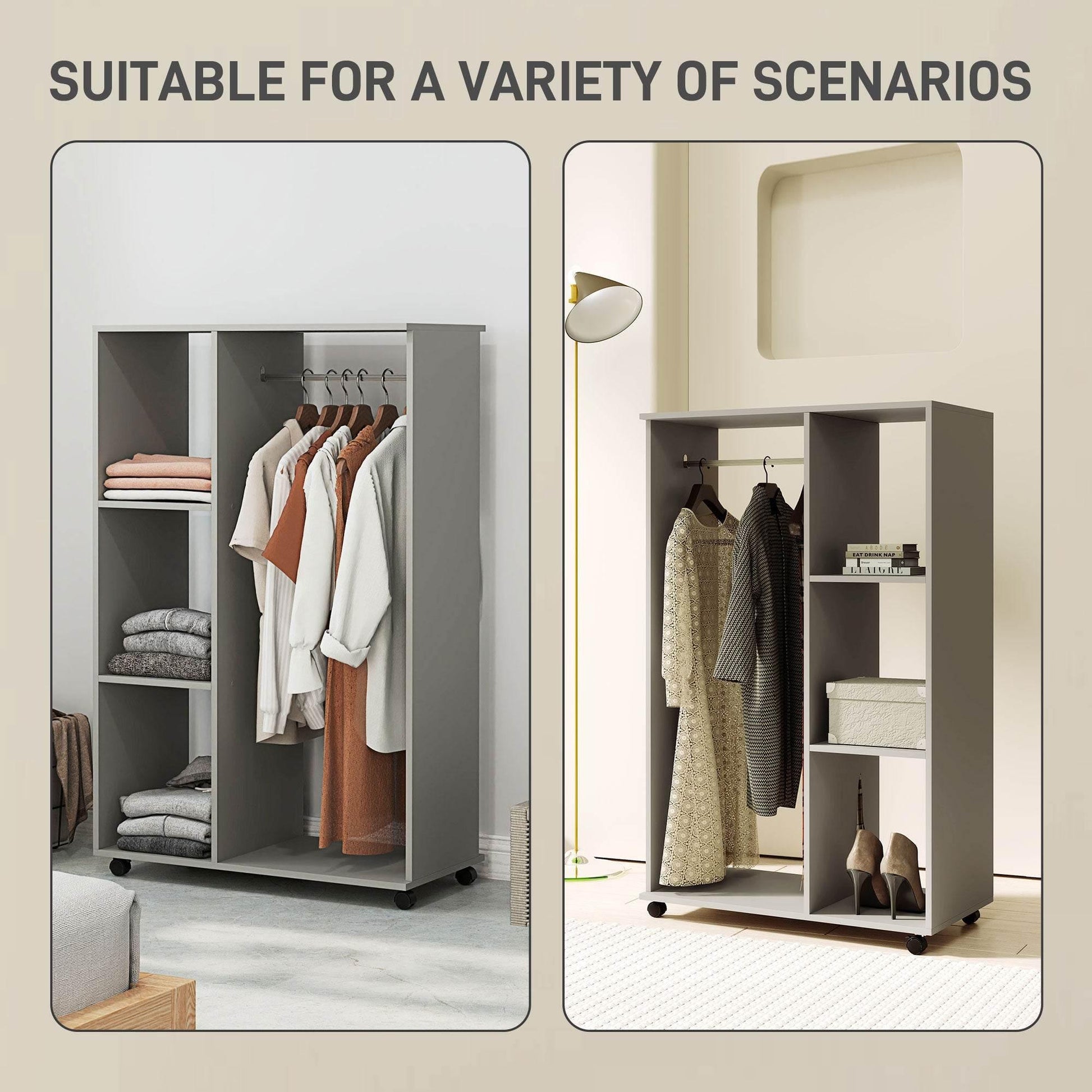 Mobile Grey Open Wardrobe with Clothes Rail and Shelves - Versatile Garment Rack on Wheels for Bedroom and Hallway - ALL4U RETAILER LTD