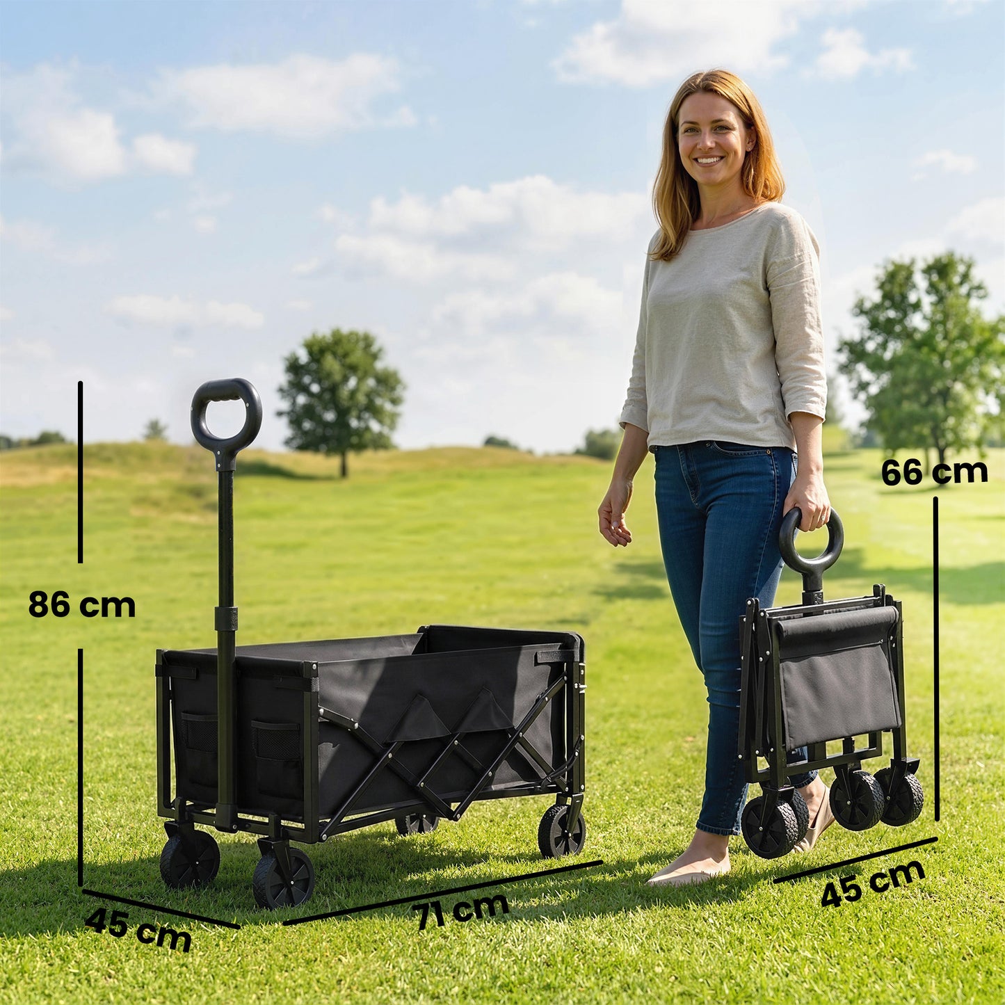 Outsunny 80L Foldable Festival Trolley On Wheels Collapsible Wagon Cart With Drop Down Tailgate Adjustable Handle Black