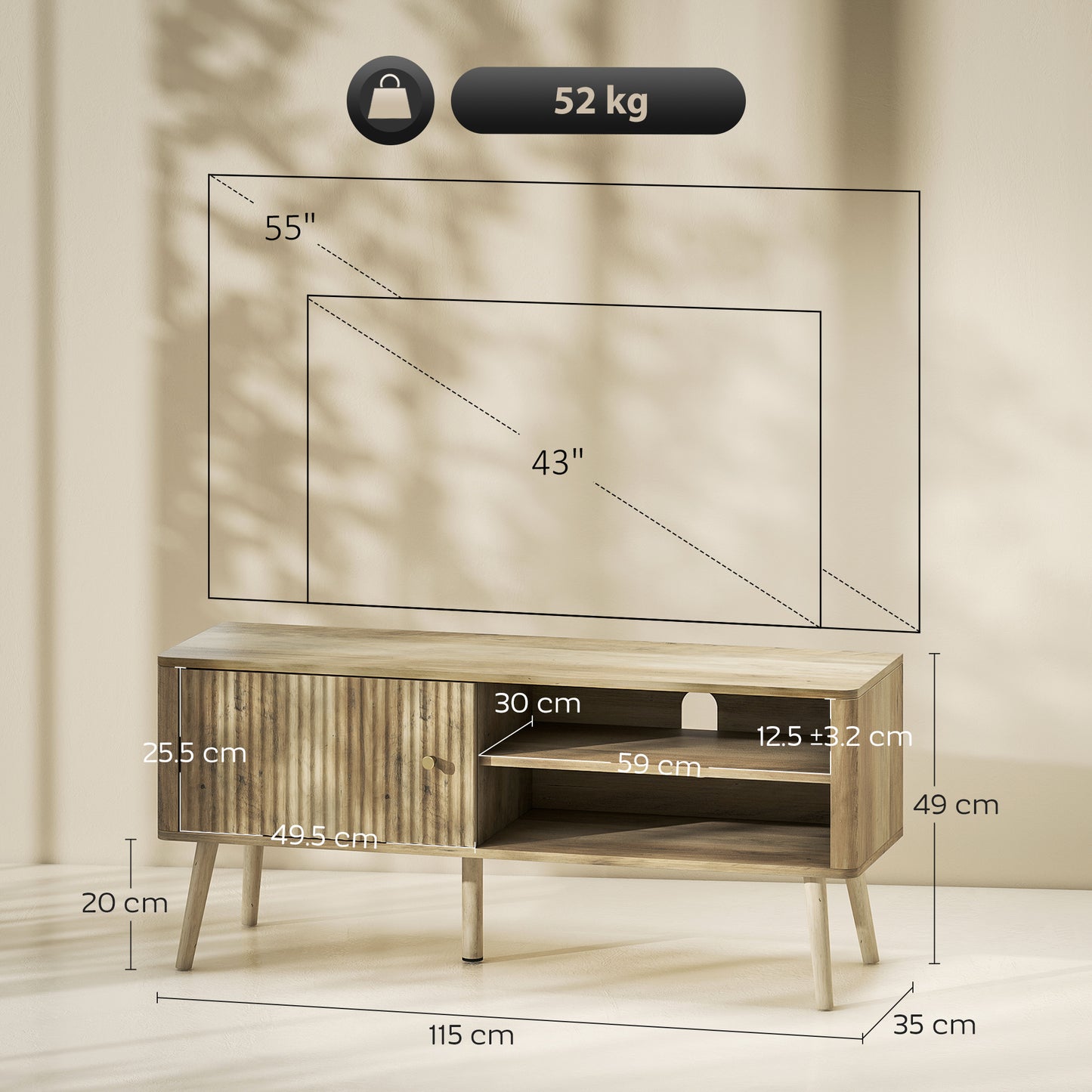 HOMCOM TV Stand Cabinet for TVs Up to 55 Inches Oak Finish With Open and Closed Storage