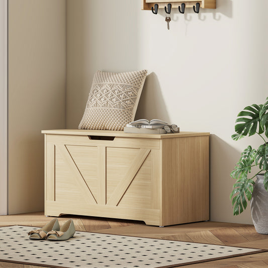 HOMCOM 100L Storage Ottoman Box With Safety Hinges Natural Wood Finish Seat And Storage
