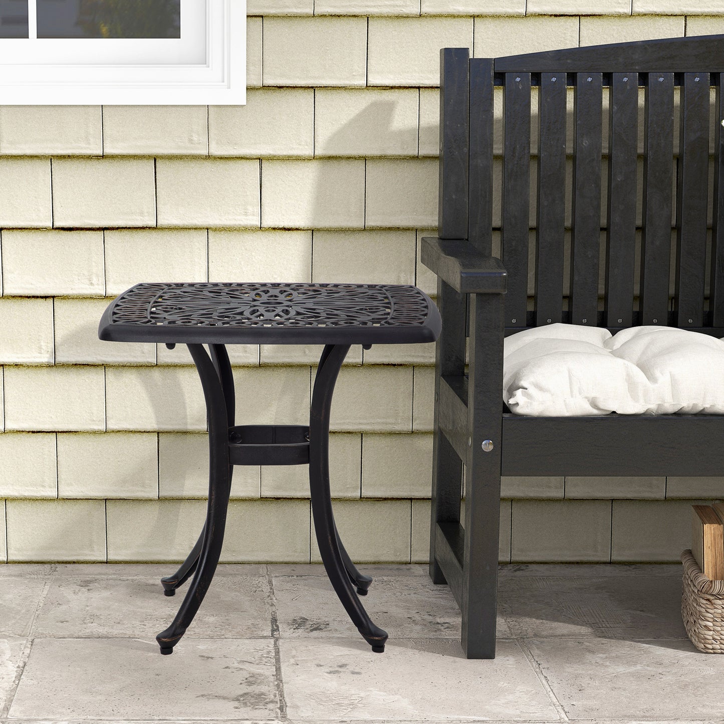 Outsunny Cast Aluminium Bistro Table Outdoor Square Side Table With Umbrella Hole Garden Table For Balcony Bronze Tone