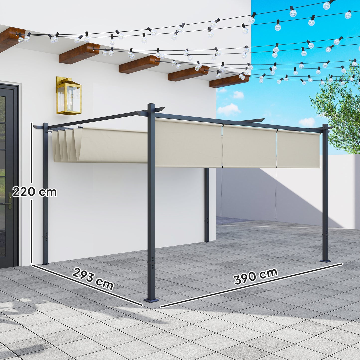 Outsunny 3x4m Metal Pergola With Retractable Roof And Roller Shade Free Standing Outdoor Gazebo Kit UPF30 Plus Beige