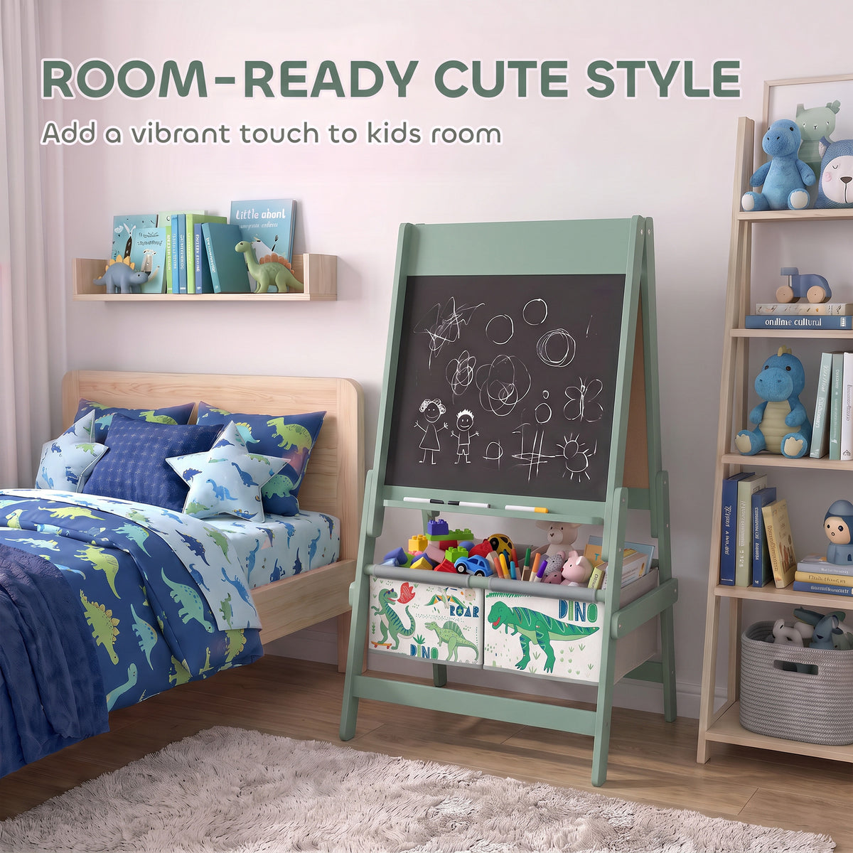 Room-ready mint green art easel with chalkboard and dinosaur storage bins filled with art supplies