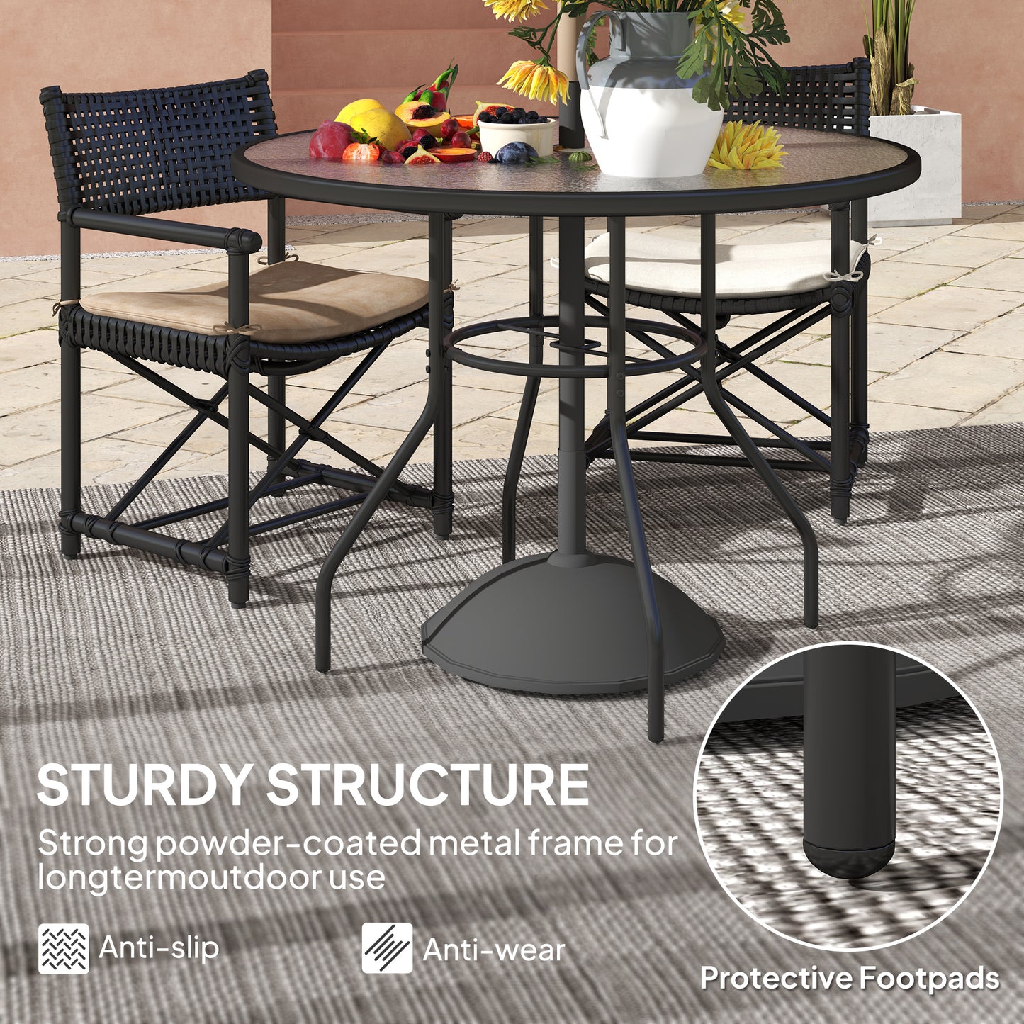Outsunny Glass Top Outdoor Garden Table with Parasol Hole Black Steel Frame Tempered Glass Bistro Table for Patio