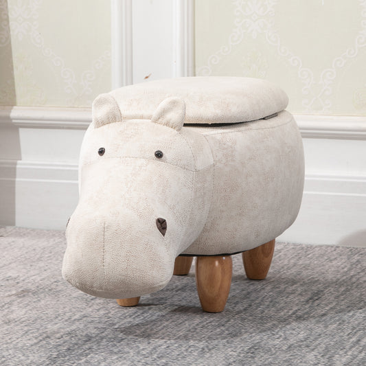 HOMCOM Hippo Storage Stool Cute Decoration Footrest Cream Ottoman Animal Furniture Wood Frame Legs Padding Lid 36 x 65cm - ALL4U RETAILER LTD