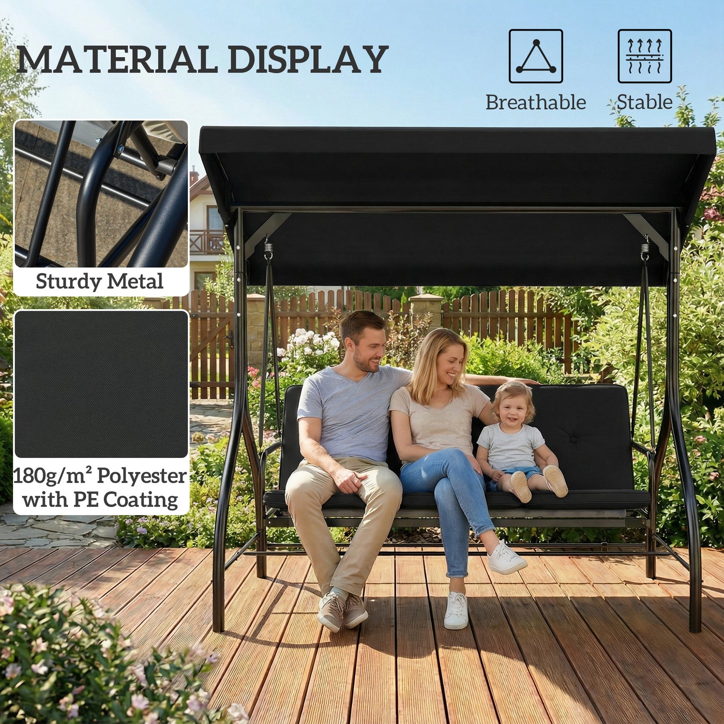 Outsunny 3 Seater Canopy Swing Chair With Adjustable Canopy And Metal Frame Black 2 In 1 Garden Swing Seat Bed