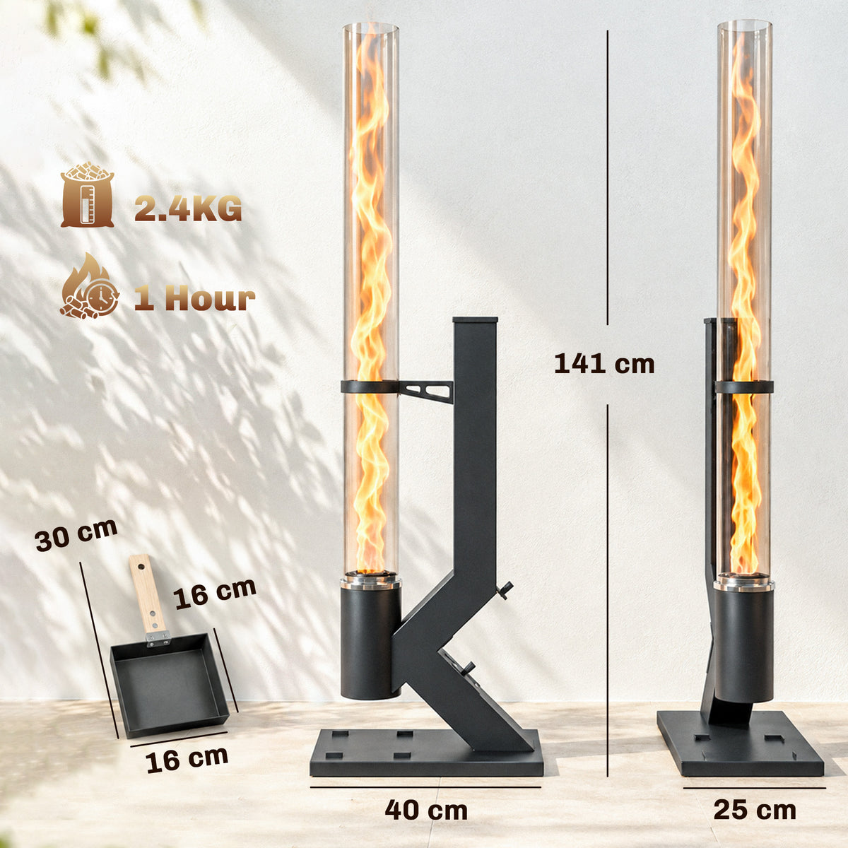 Black wood pellet patio heater with glass flame tube and side hopper base
