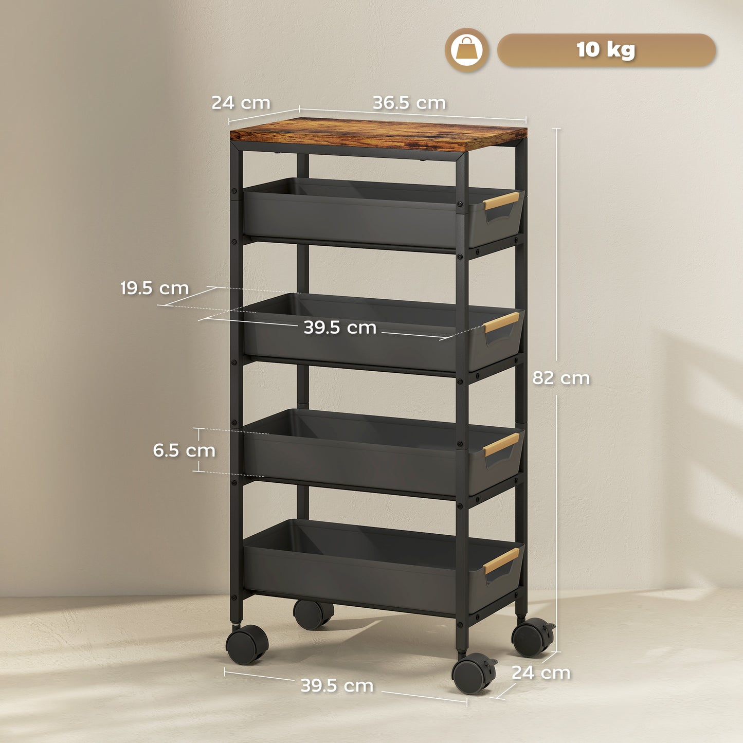 HOMCOM 5 Tier Storage Trolley On Wheels Black With Wood Effect Top Kitchen Cart For Small Spaces