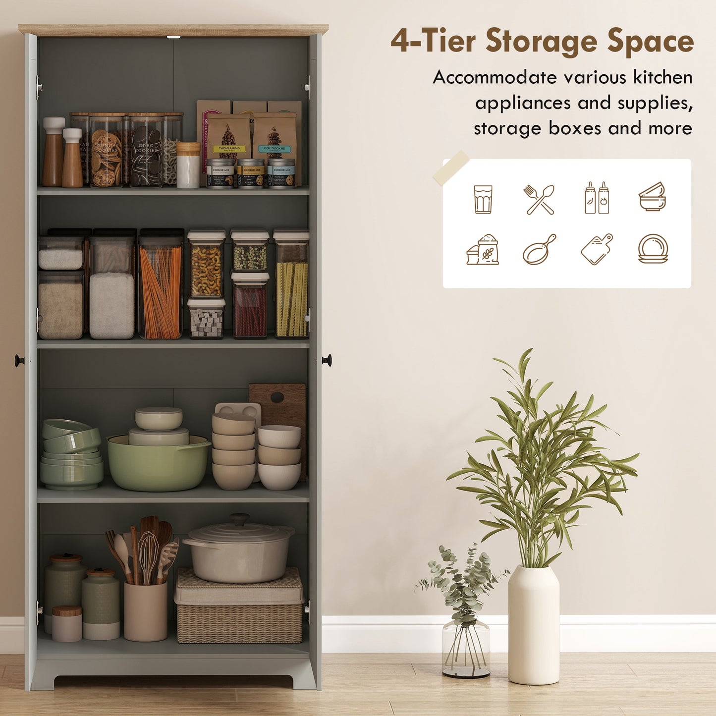 HOMCOM Kitchen Cupboard 172cm Freestanding Storage Cabinet With Doors And 4 Shelves Grey