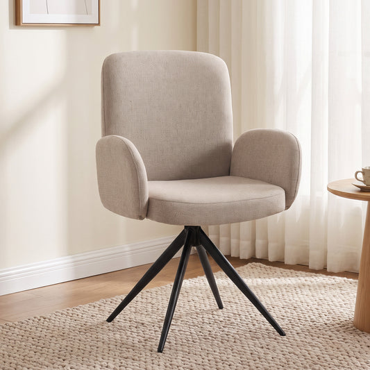 Light brown swivel accent chair with curved backrest and black tripod-style legs