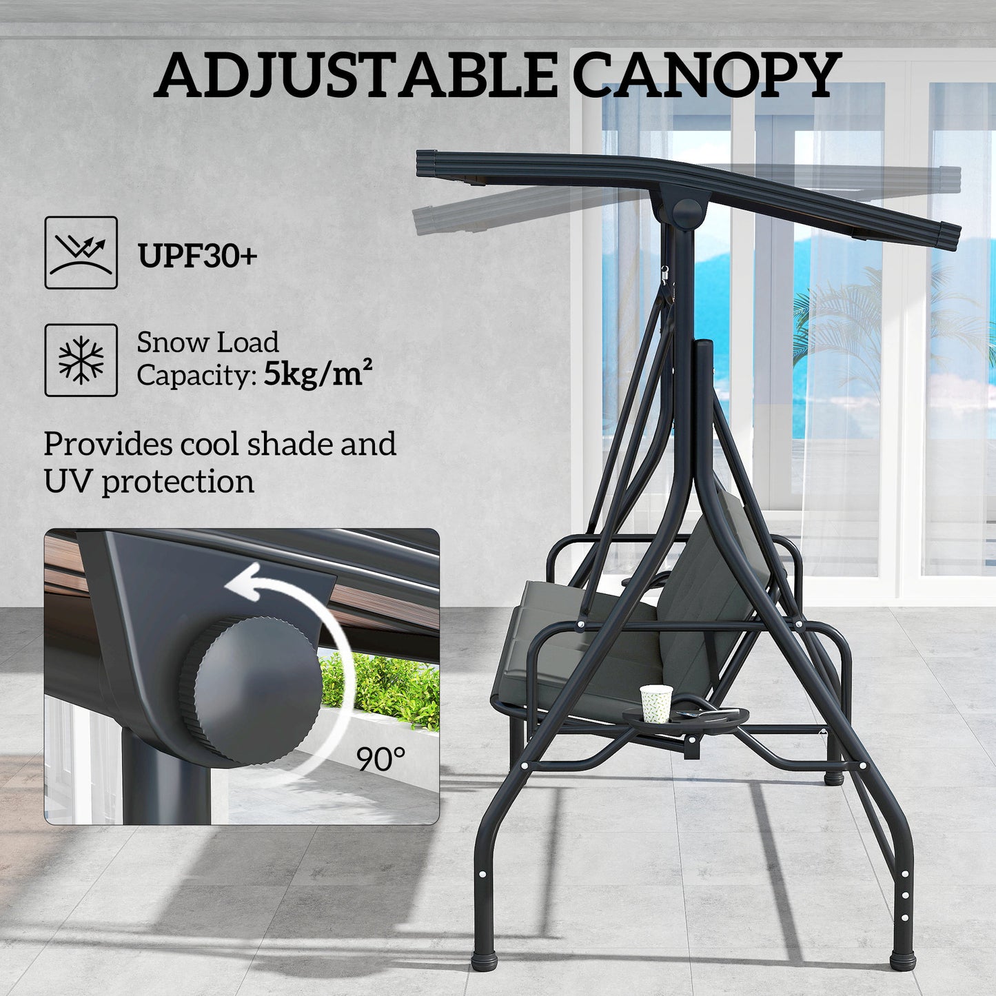 Outsunny Convertible Three Seater Swing Bench Bed With 90 Degree Canopy Side Cup Trays UPF30 Shade Dark Grey