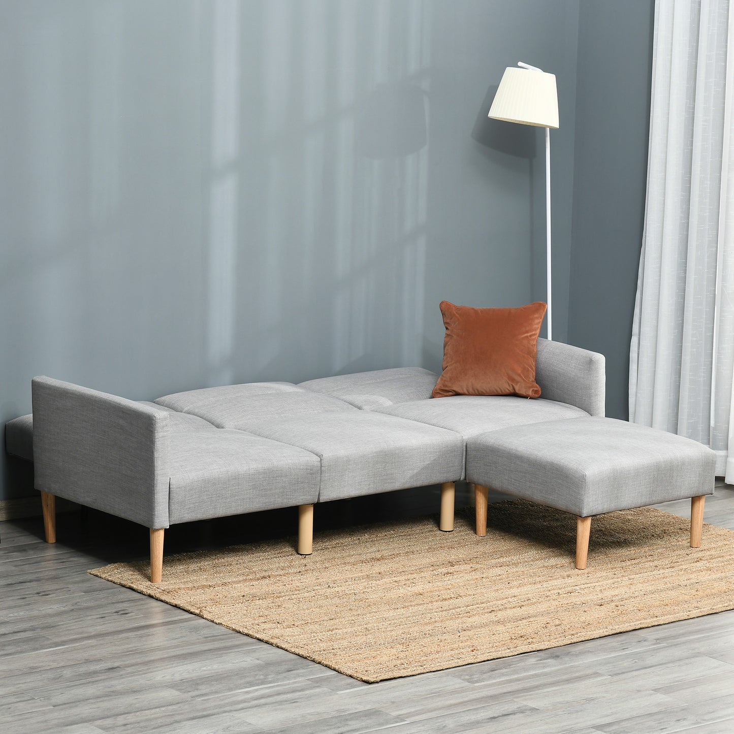 HOMCOM L Shape Sofa Bed Set Linen Fabric Corner with Rubber Wood Legs Footstool Light Grey - ALL4U RETAILER LTD