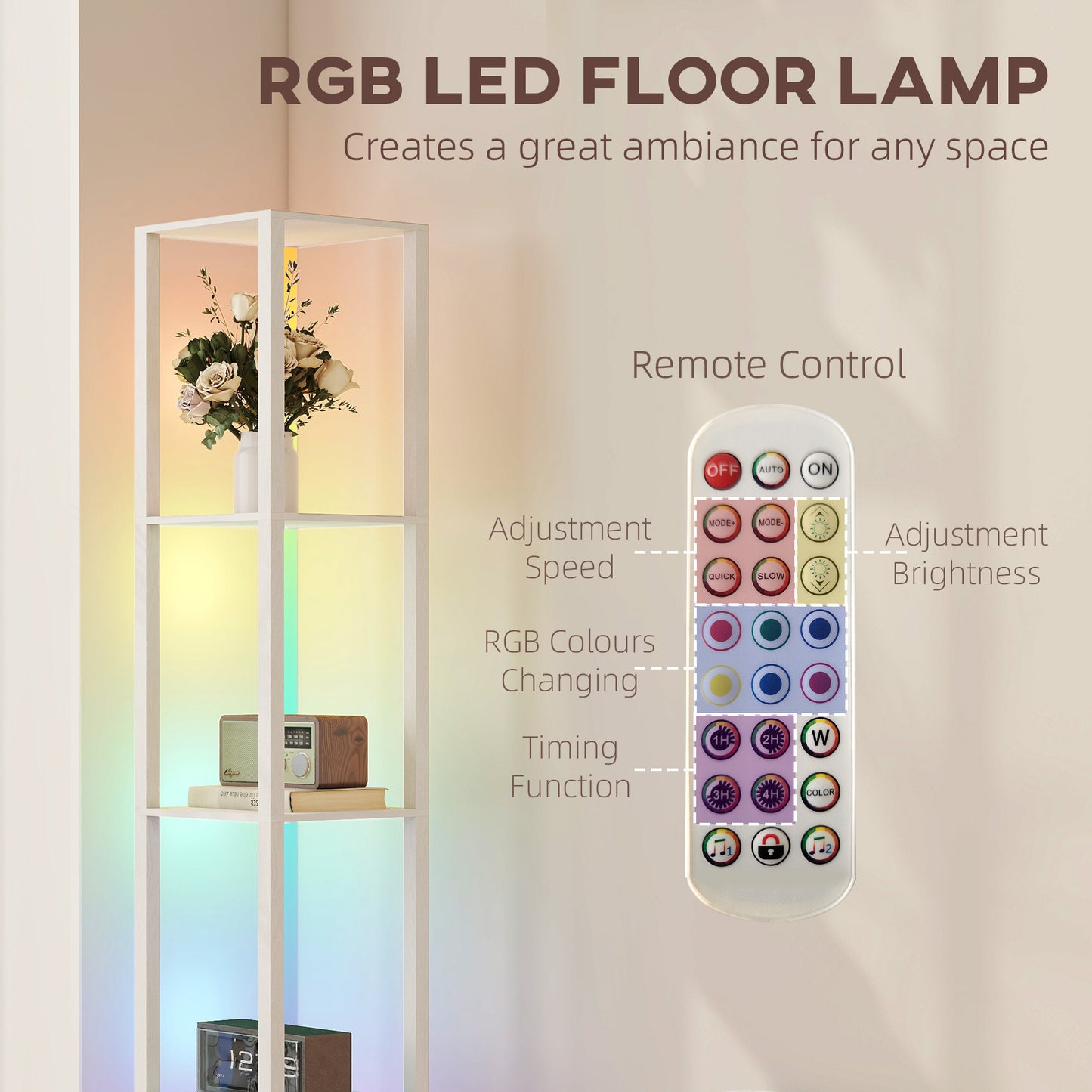 HOMCOM RGB LED Floor Lamp With Shelves Modern Dimmable Standing Lamp With Remote For Living Room Bedroom Office White
