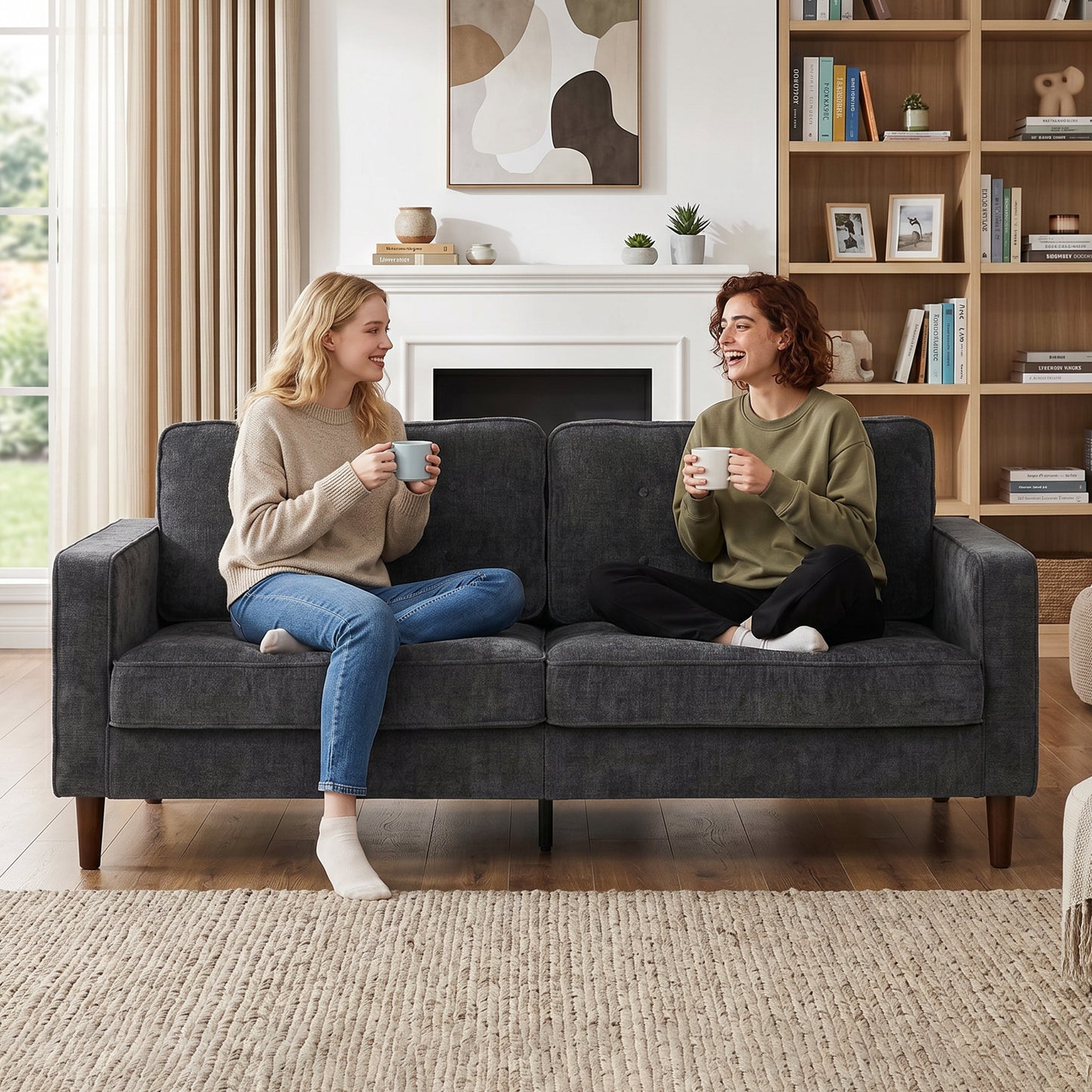 HOMCOM 3 Seater Sofa With Button Tufted Velvet Upholstery And Wood Legs For Living Room In Dark Grey