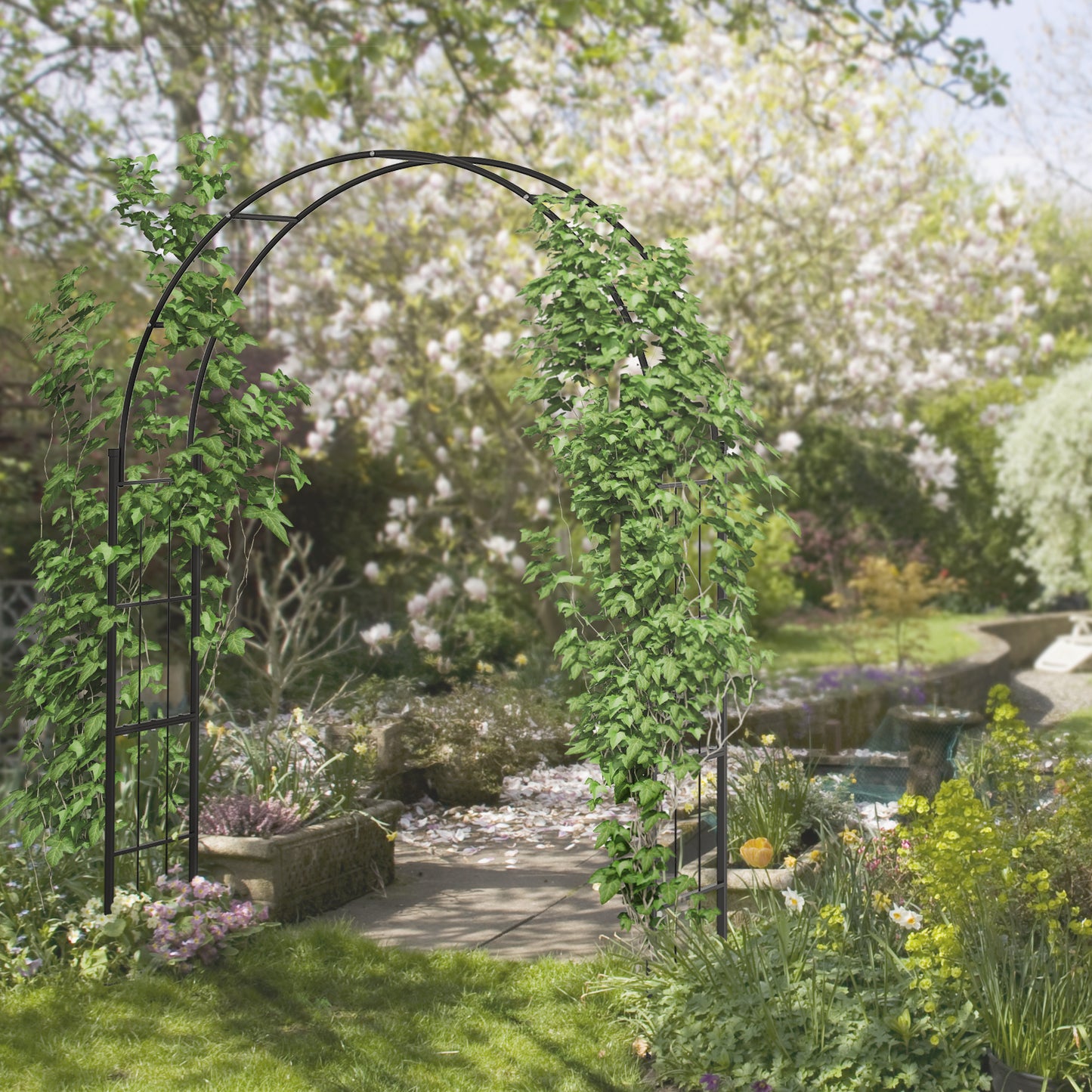 Outsunny 223cm Garden Arch Trellis Outdoor Wedding Arbor For Climbing Roses Vines And Plants Black Metal