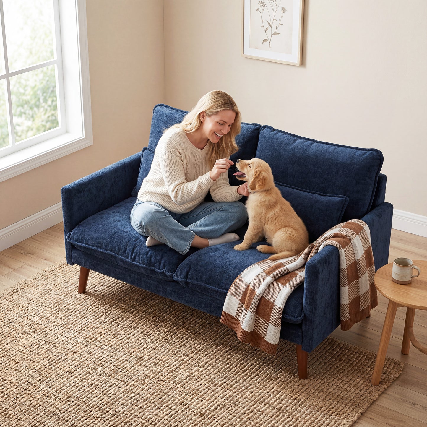 HOMCOM 2 Seater Sofa With Spring Cushions Wide And Deep Seat Wood Legs Blue Compact 131 Cm Footprint For Small Flats