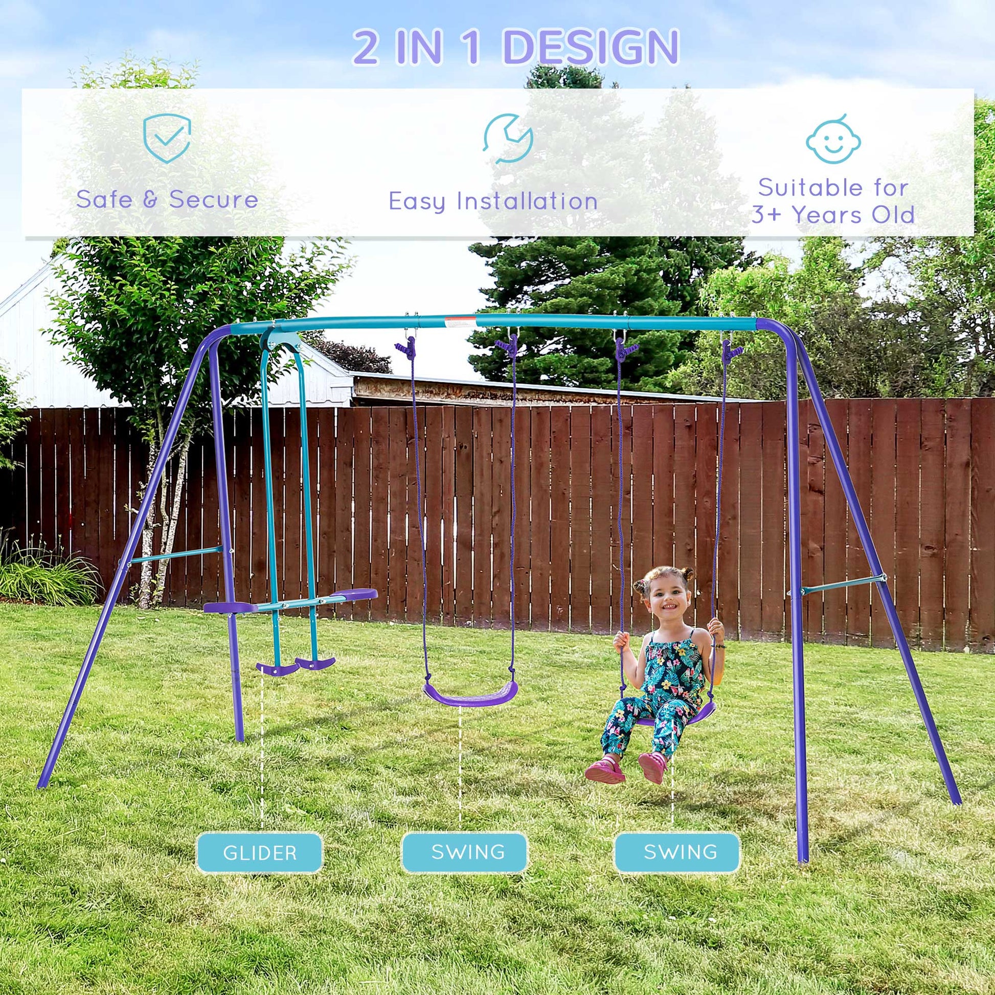 Outsunny Adjustable Height Metal Swing Set with Dual Seats and Glider for Outdoor Fun - ALL4U RETAILER LTD