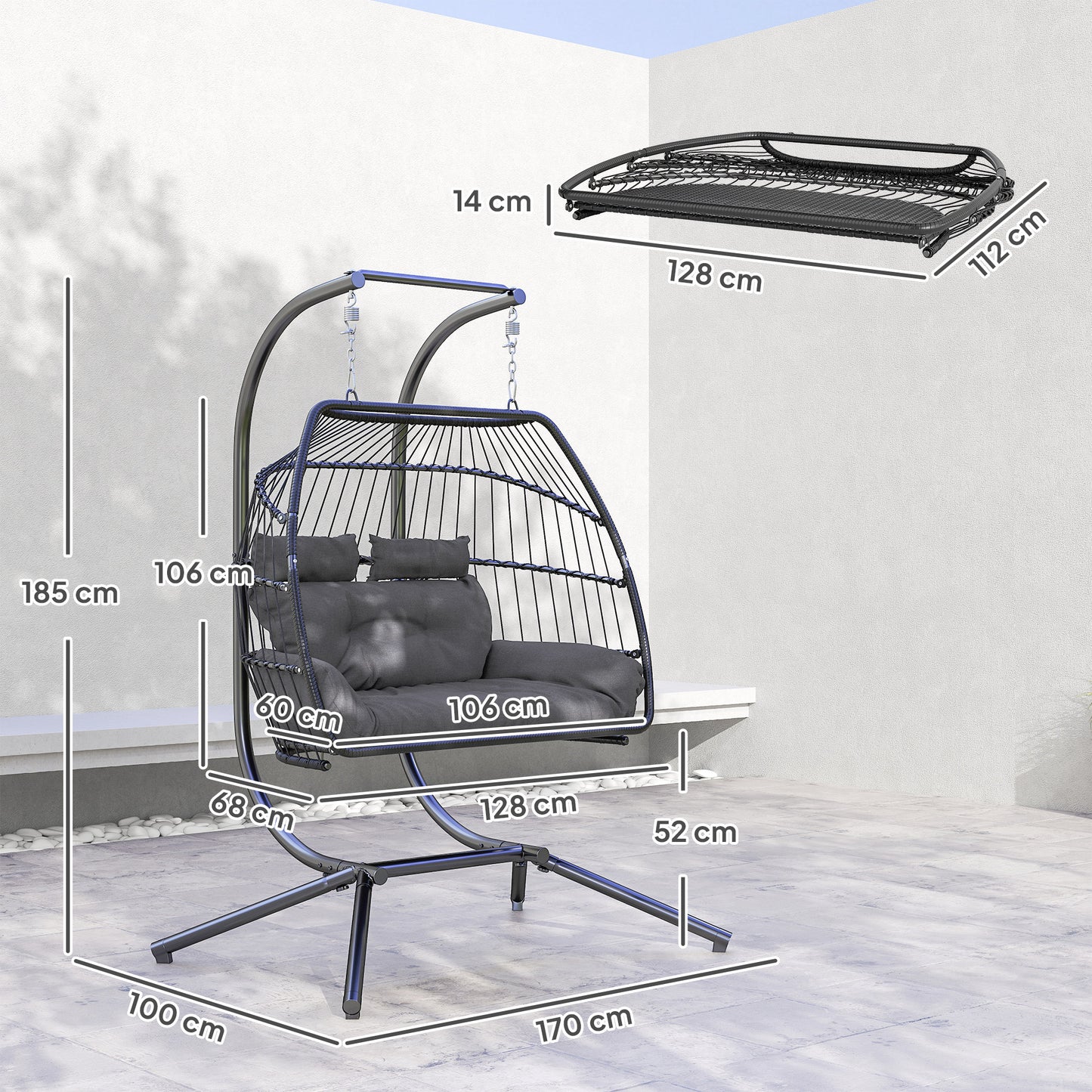 Outsunny Rattan Double Hanging Egg Chair With Stand Foldable Wicker Swing Cushion Pillows For Indoor Outdoor Dark Grey