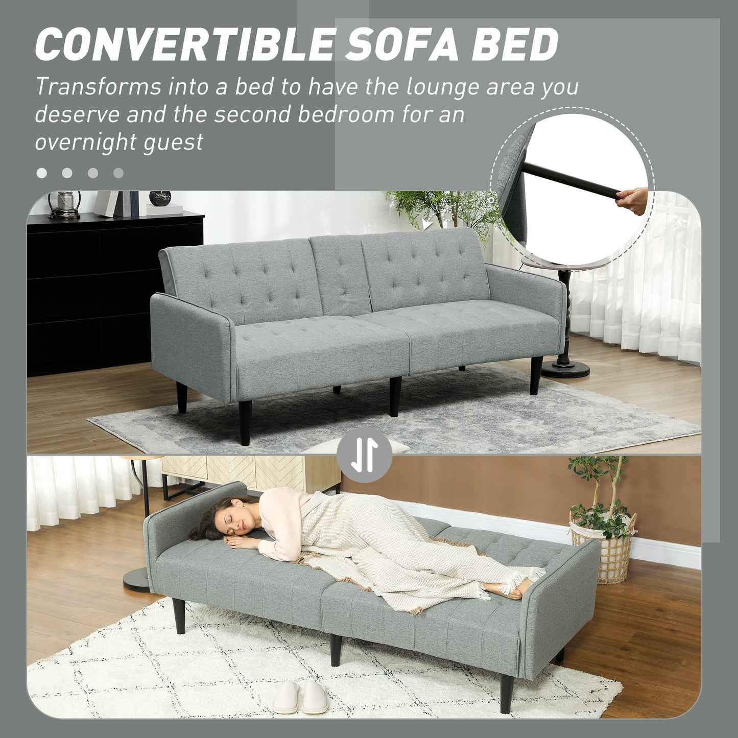 HOMCOM Three Seater Sofa Bed With Cupholders Light Grey For Small Spaces And Guest Overnight Comfort