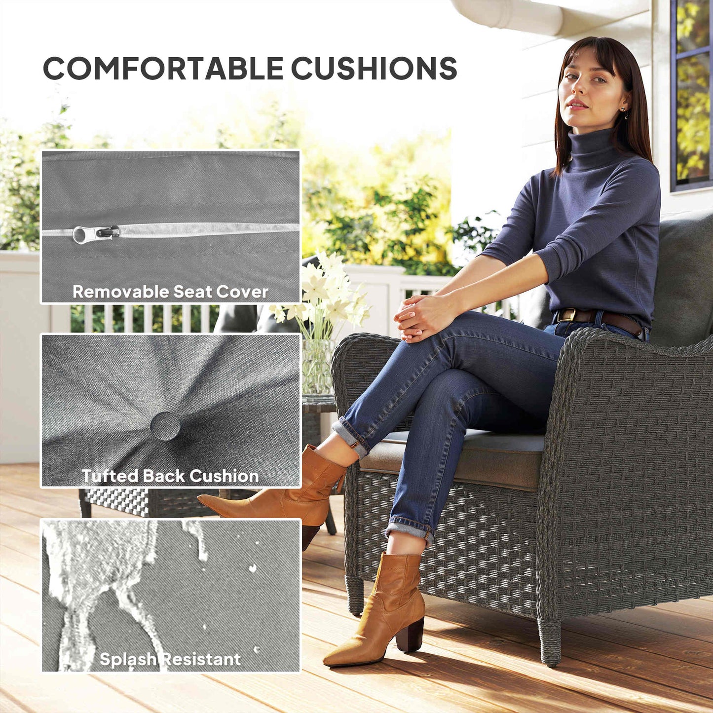 Outsunny Rattan Garden Chairs Set of 2 Cushions High Back PE Wicker Armchairs Steel Frame for Balcony Porch
